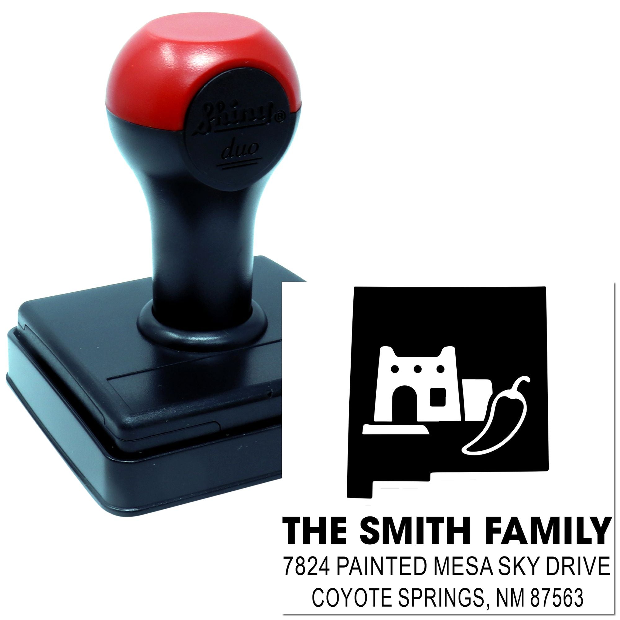 Personalized return address rubber stamp for The Smith Family with home and chili pepper design