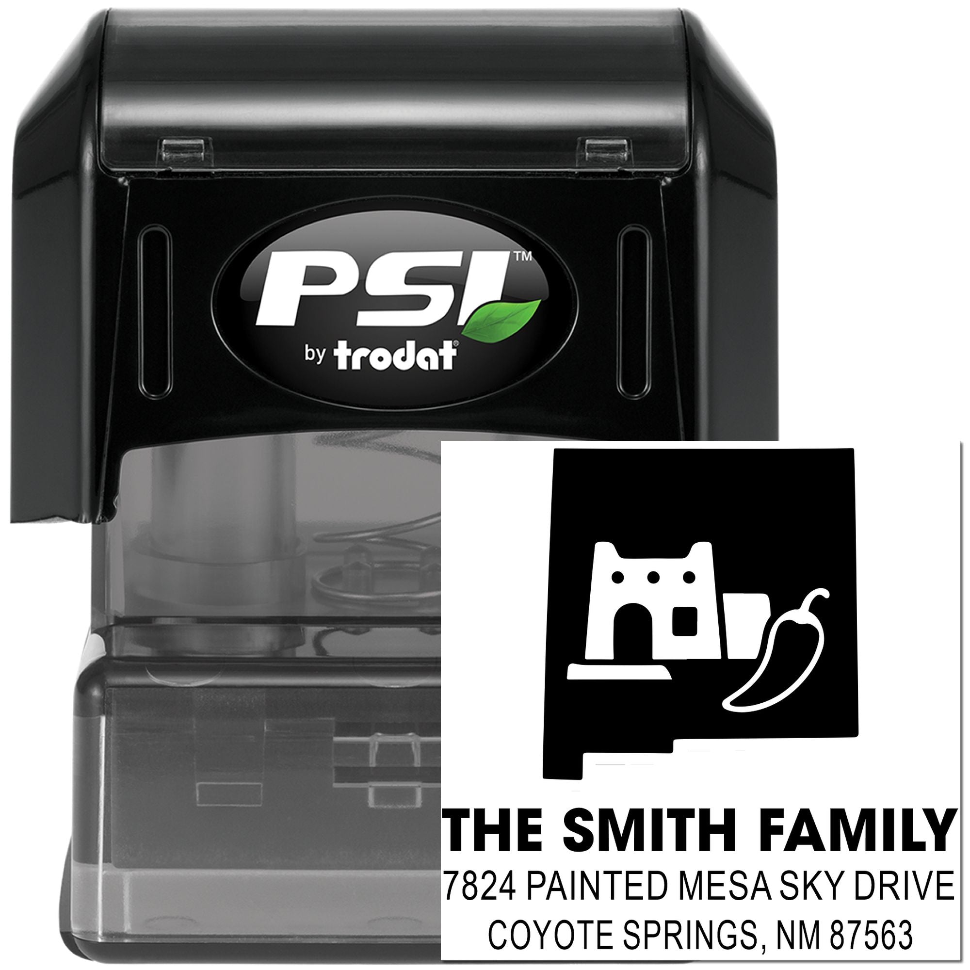 PSI by Trodat self-inking rubber stamp for custom return address, shown with family home icon and mailing address imprint.