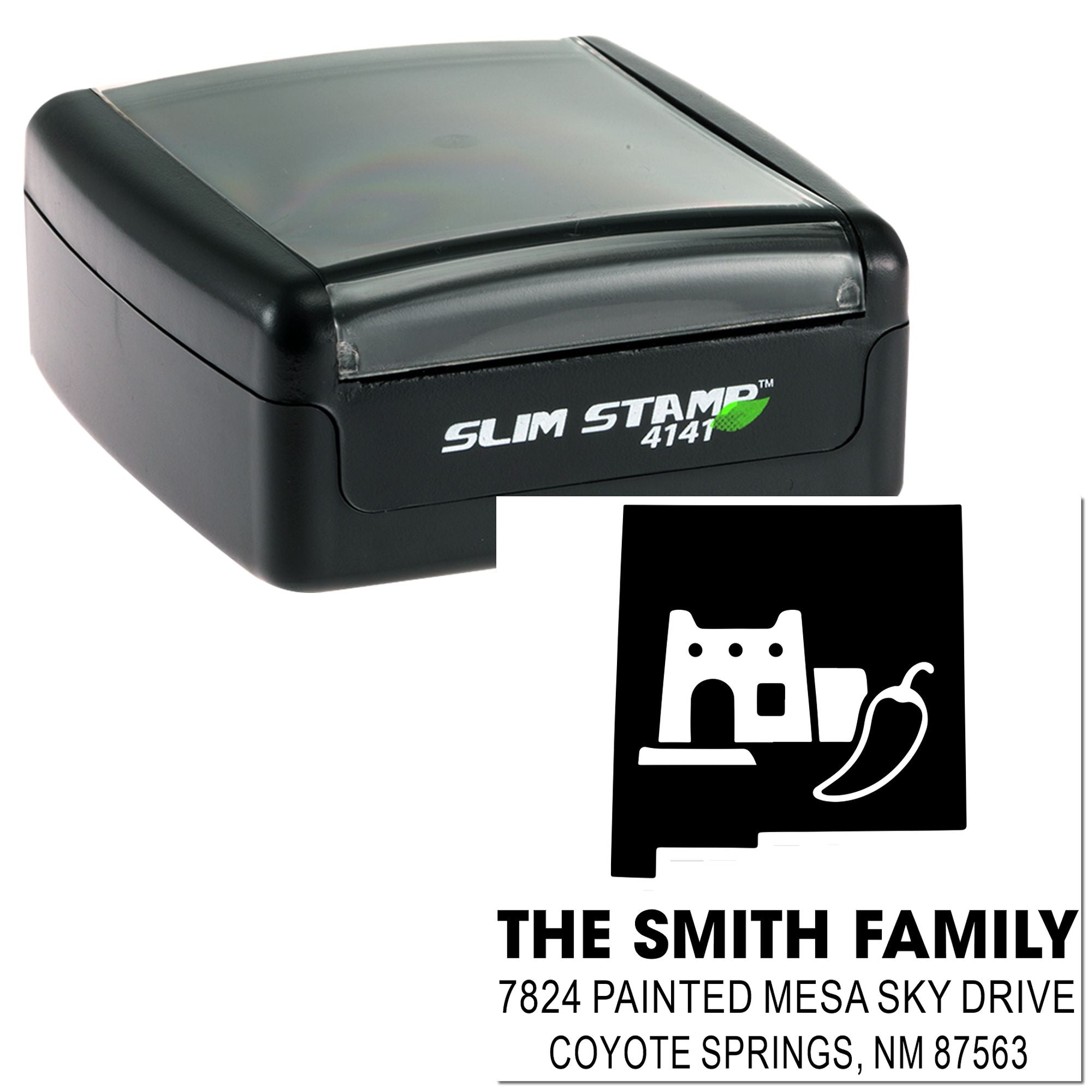 Custom self-inking rubber stamp with house icon and return address for The Smith Family.