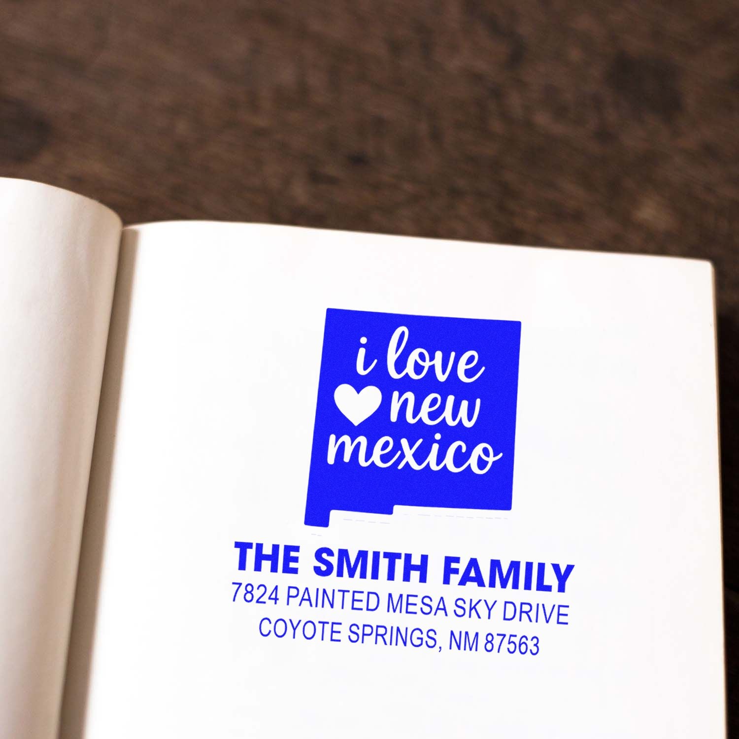 Custom return address rubber stamp with I love New Mexico design for The Smith Family in Coyote Springs, NM.
