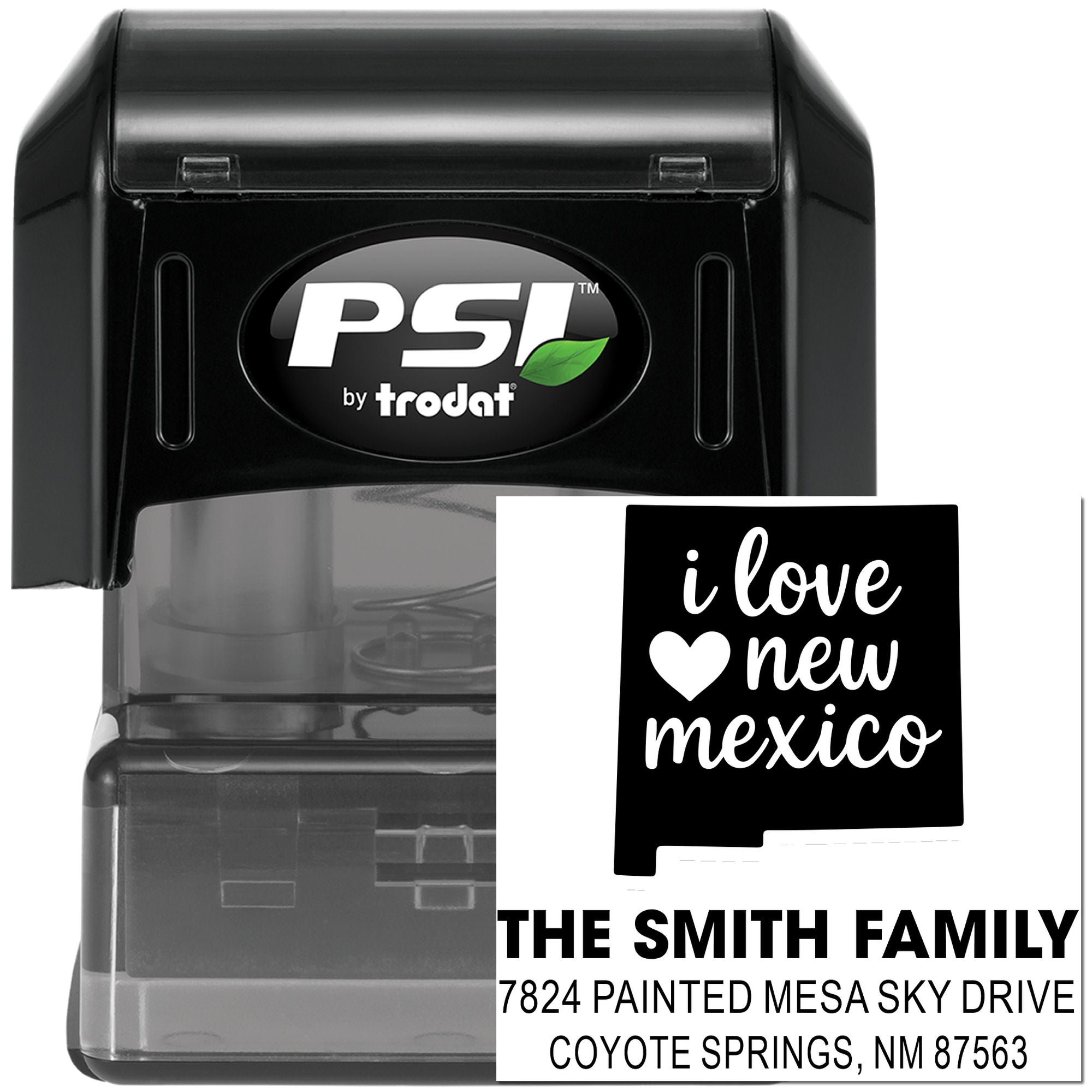 Custom self-inking return address rubber stamp with I love New Mexico family address design.