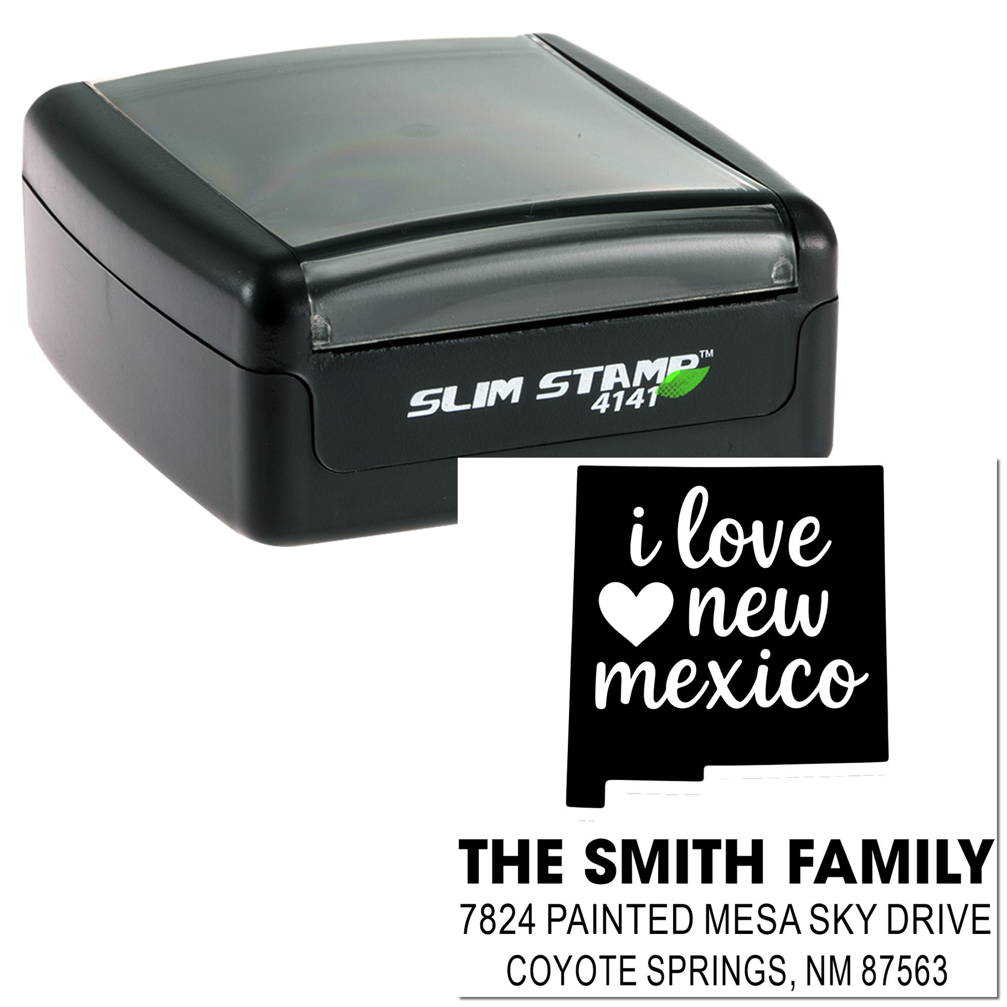 Slim Stamp 4141 self-inking rubber stamp with custom I love New Mexico return address design