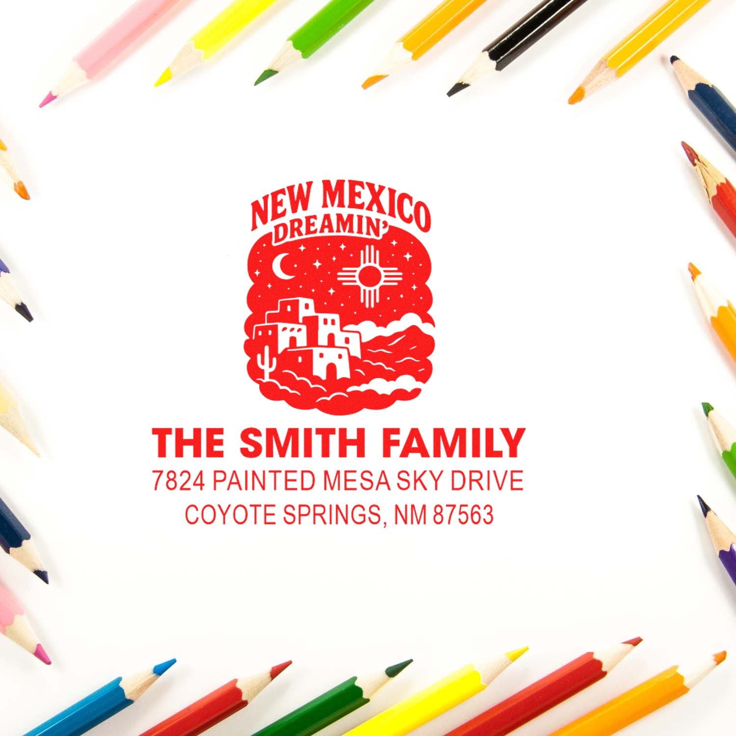 Custom return address rubber stamp with New Mexico Dreamin design for The Smith Family in Coyote Springs, NM.