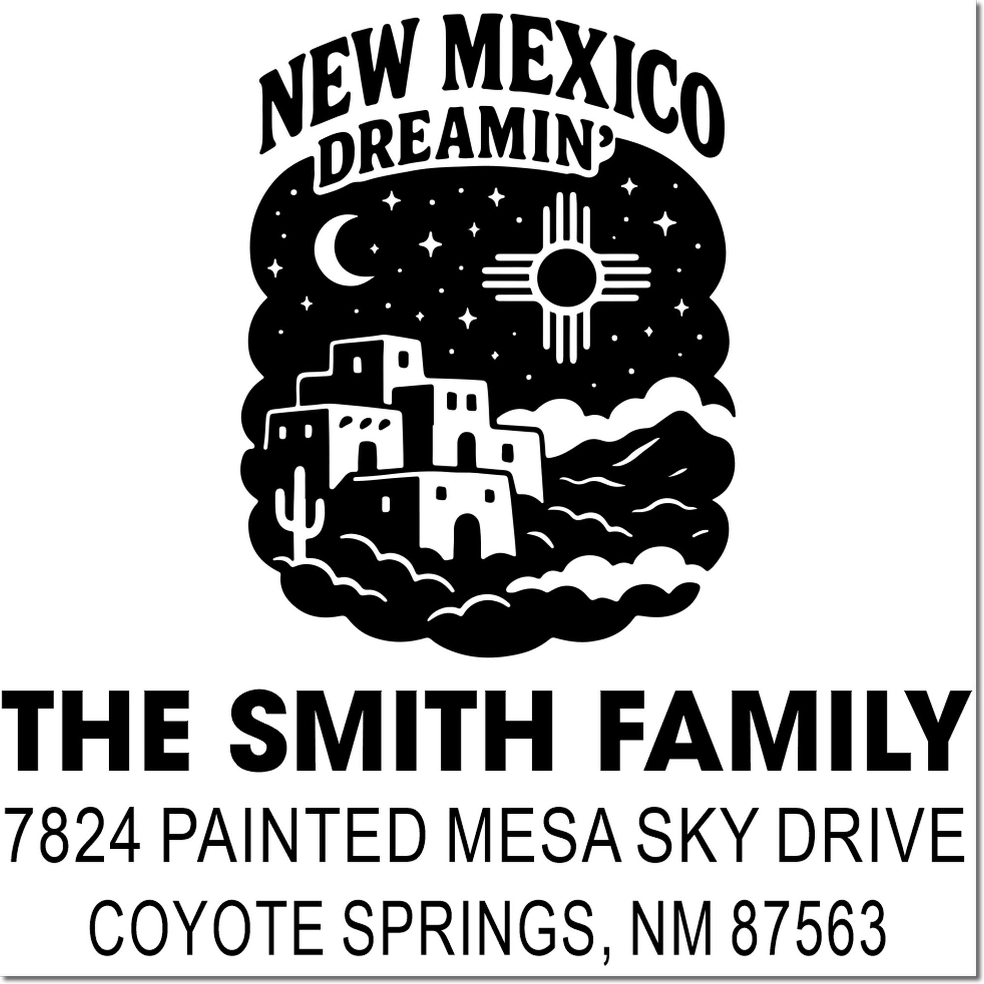 Custom New Mexico Dreaming return address rubber stamp for The Smith Family with address in Coyote Springs, NM 87563
