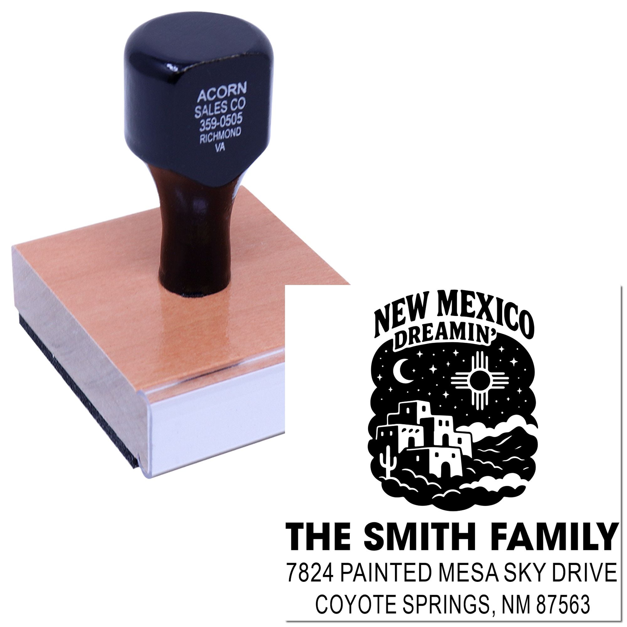 Custom rubber address stamp with New Mexico Dreamin' design for The Smith Family return mailing labels