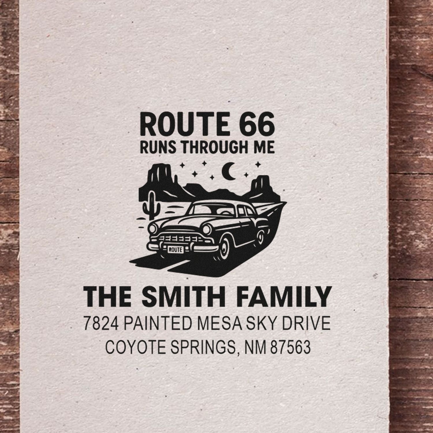 Custom Route 66 return address rubber stamp with vintage car, desert scene, and Smith family name and address.