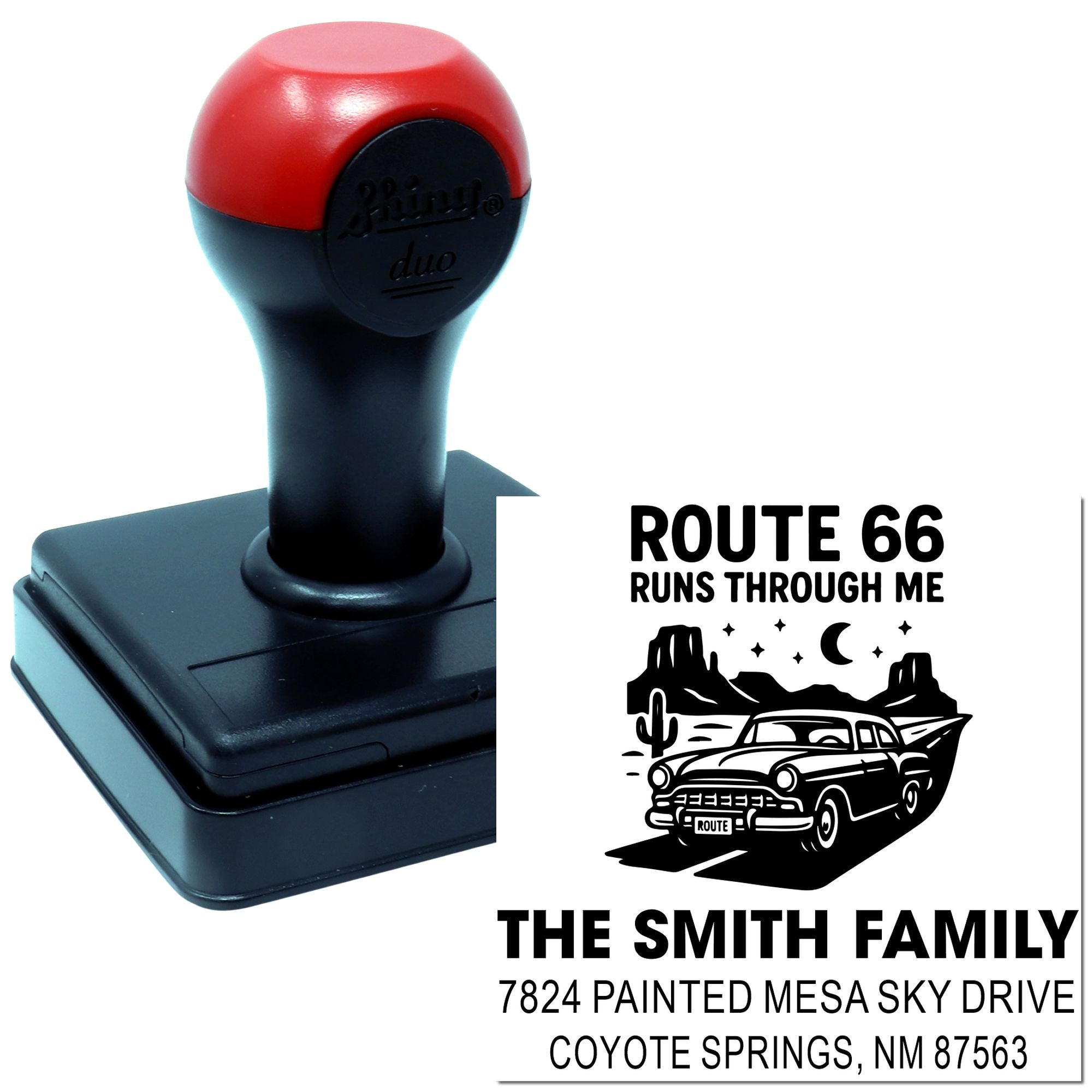 Custom self-inking rubber address stamp with Route 66 design and The Smith Family return address.