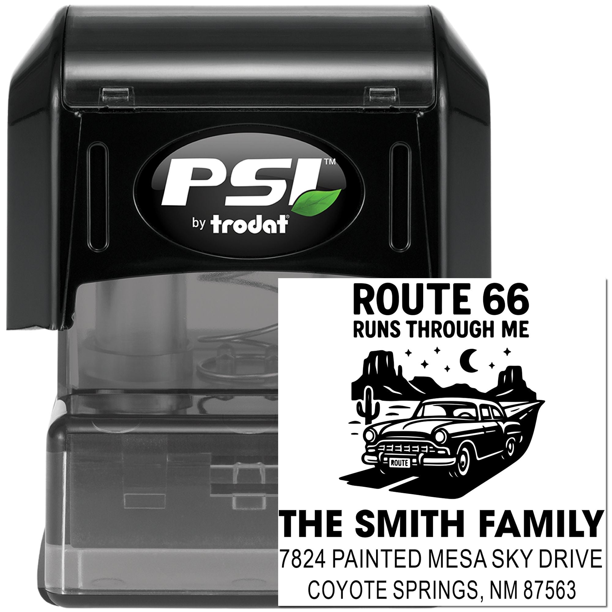 Personalized Route 66 self-inking rubber stamp with Smith family address and custom travel-themed design.