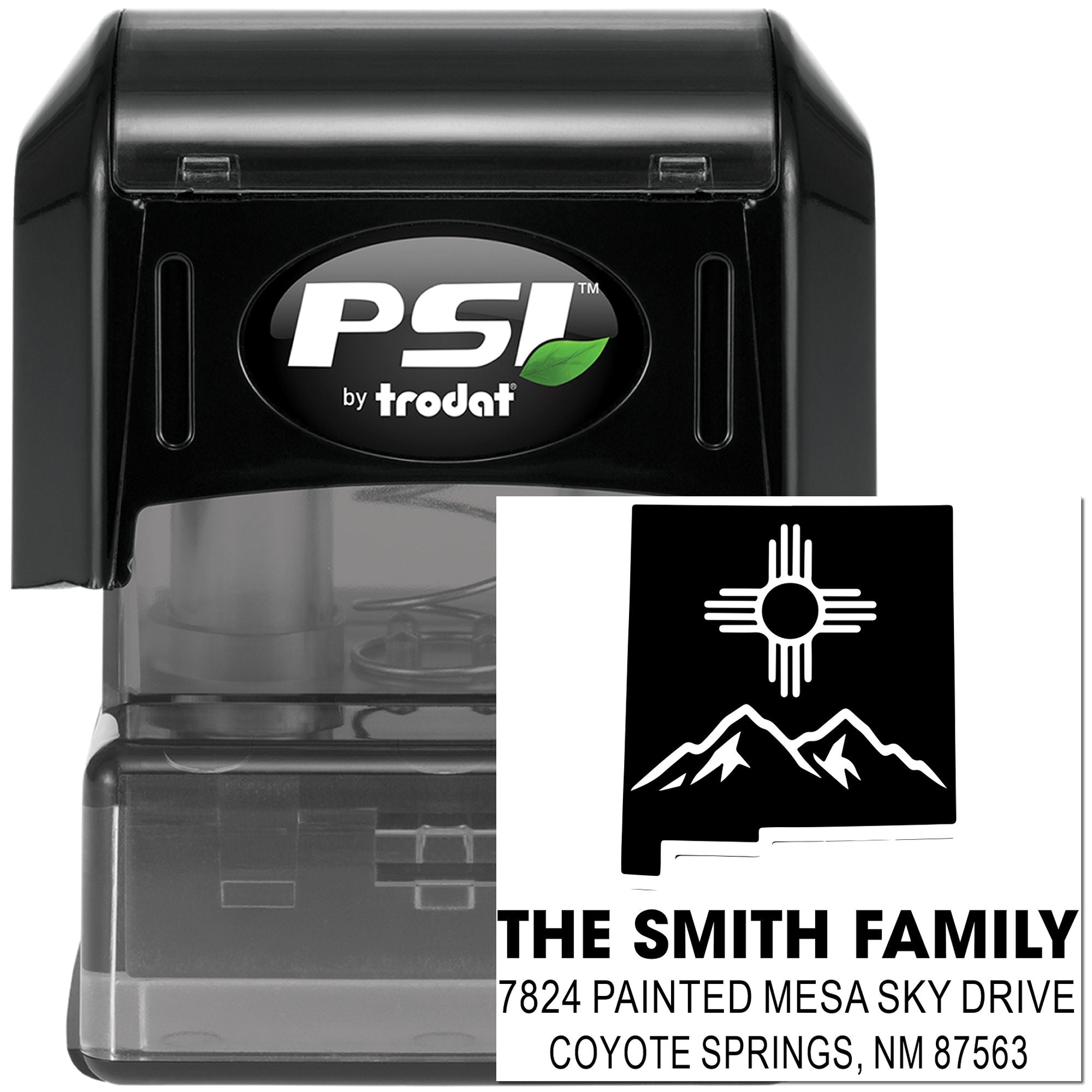 Custom self-inking return address stamp by PSI Trodat for The Smith Family with New Mexico Zia and mountain design.