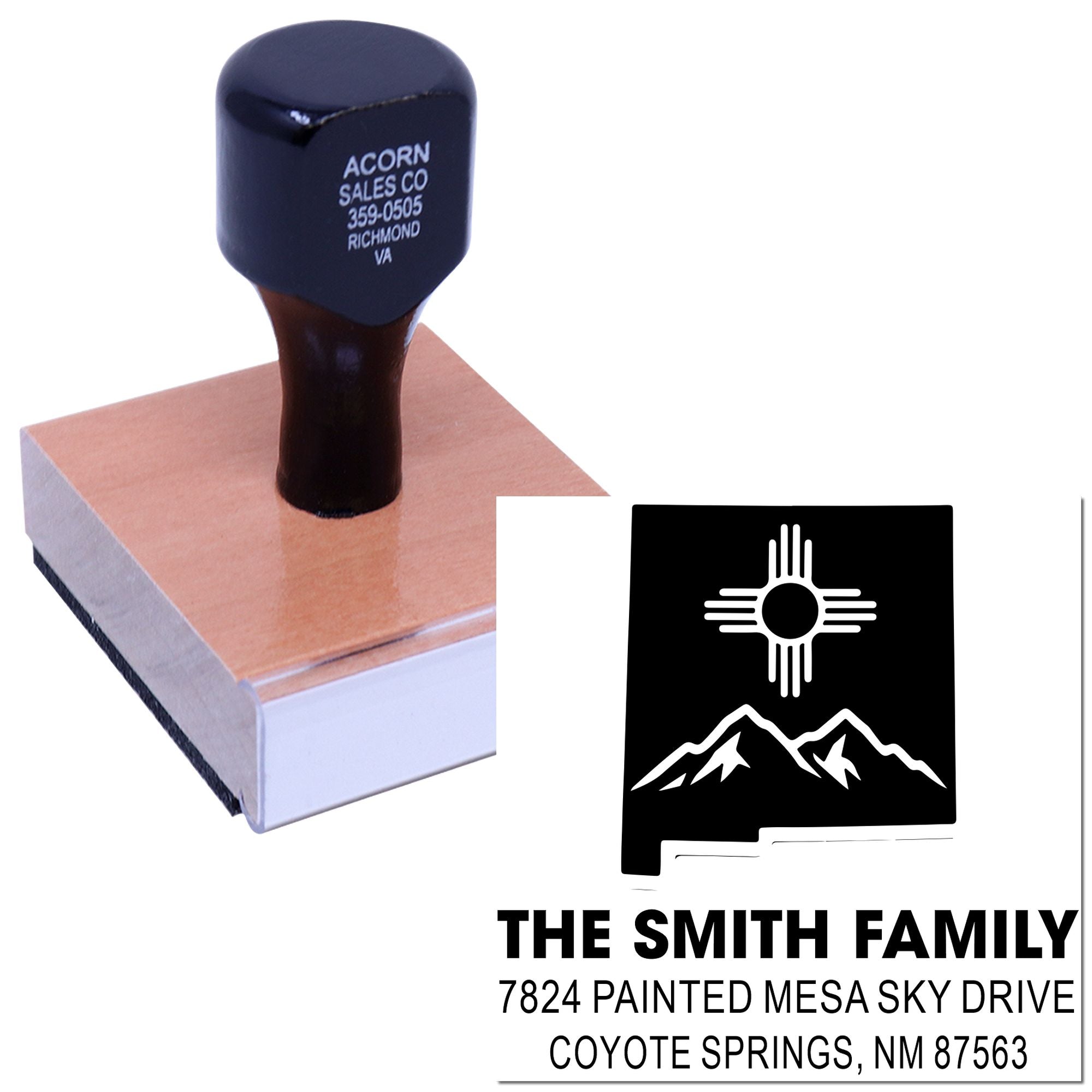 Custom rubber address stamp with logo, showing inked imprint for personalized family mailing and return address use.