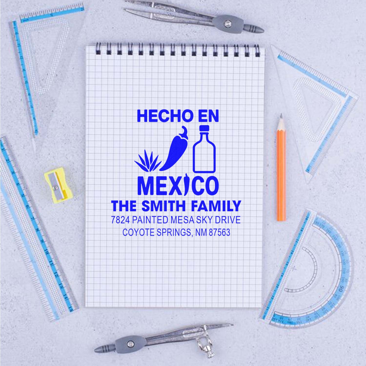 Hecho en Mexico custom rubber stamp with family name and address for personalized packaging, branding, and handmade products.