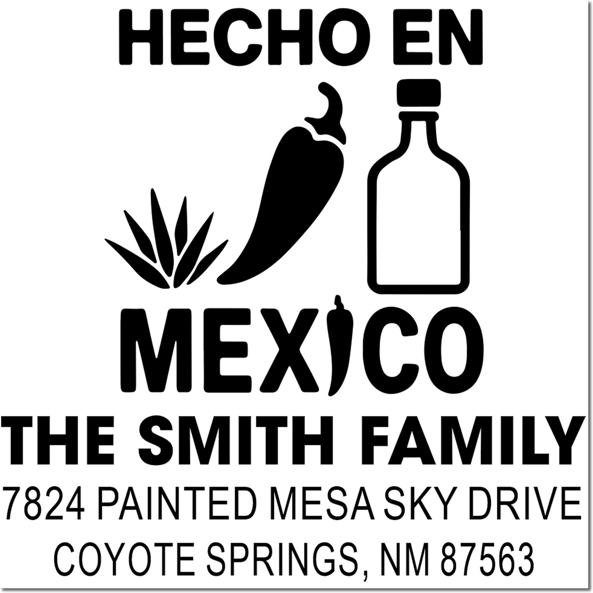 Custom Hecho en Mexico rubber stamp with return address for The Smith Family in Coyote Springs, NM.
