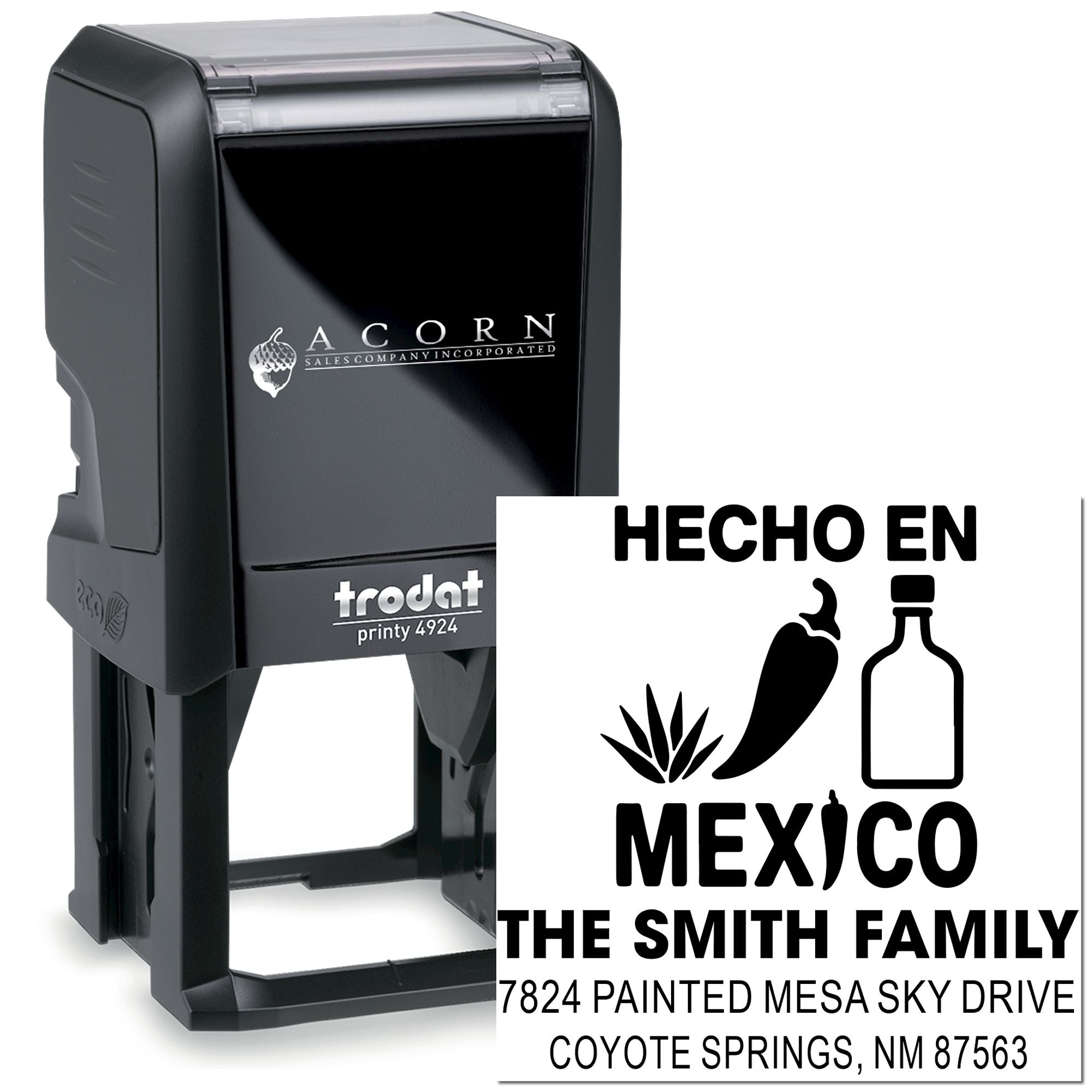 Custom self-inking rubber stamp with Hecho en Mexico and Smith family address for packaging and return mailing.
