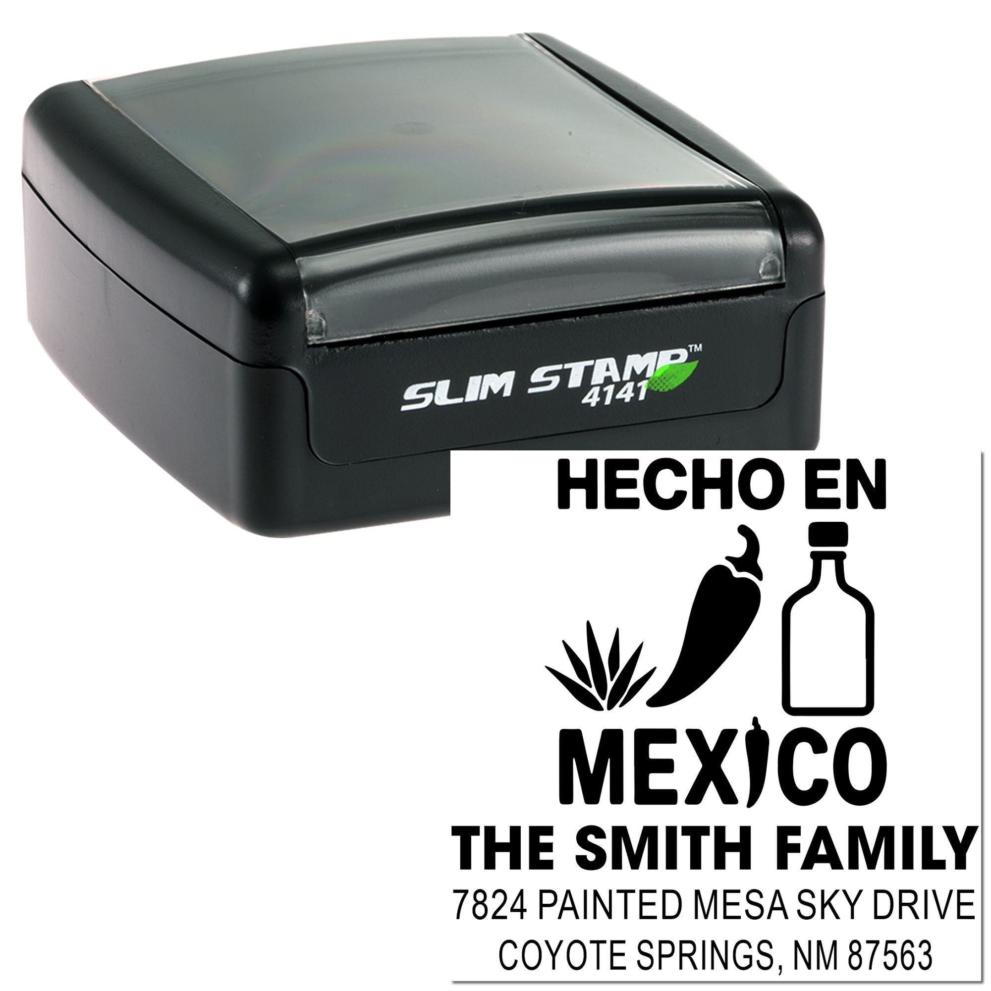 Slim Stamp 4141 self-inking rubber stamp with custom Hecho en Mexico return address design and sample imprint.