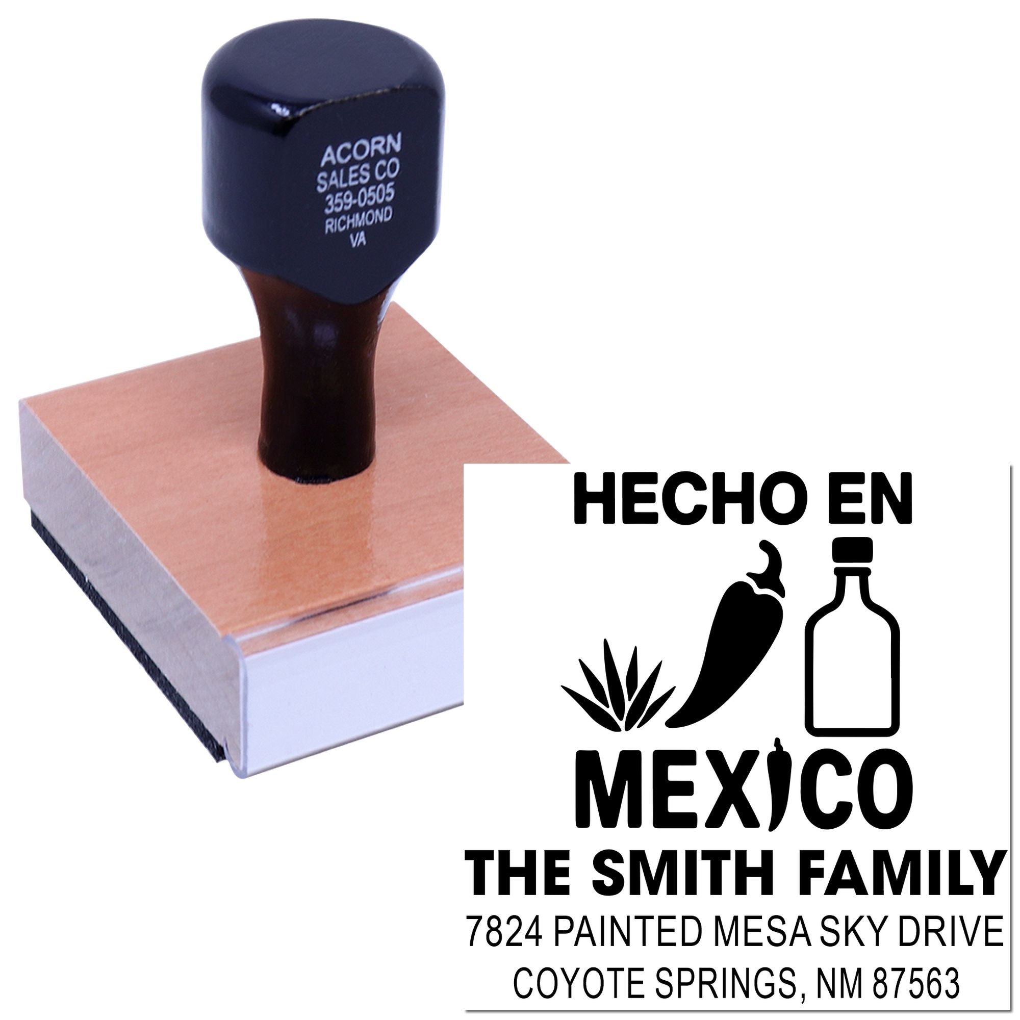 Custom rubber stamp for Hecho en Mexico packaging, showing agave, chili and bottle icons with The Smith Family address.