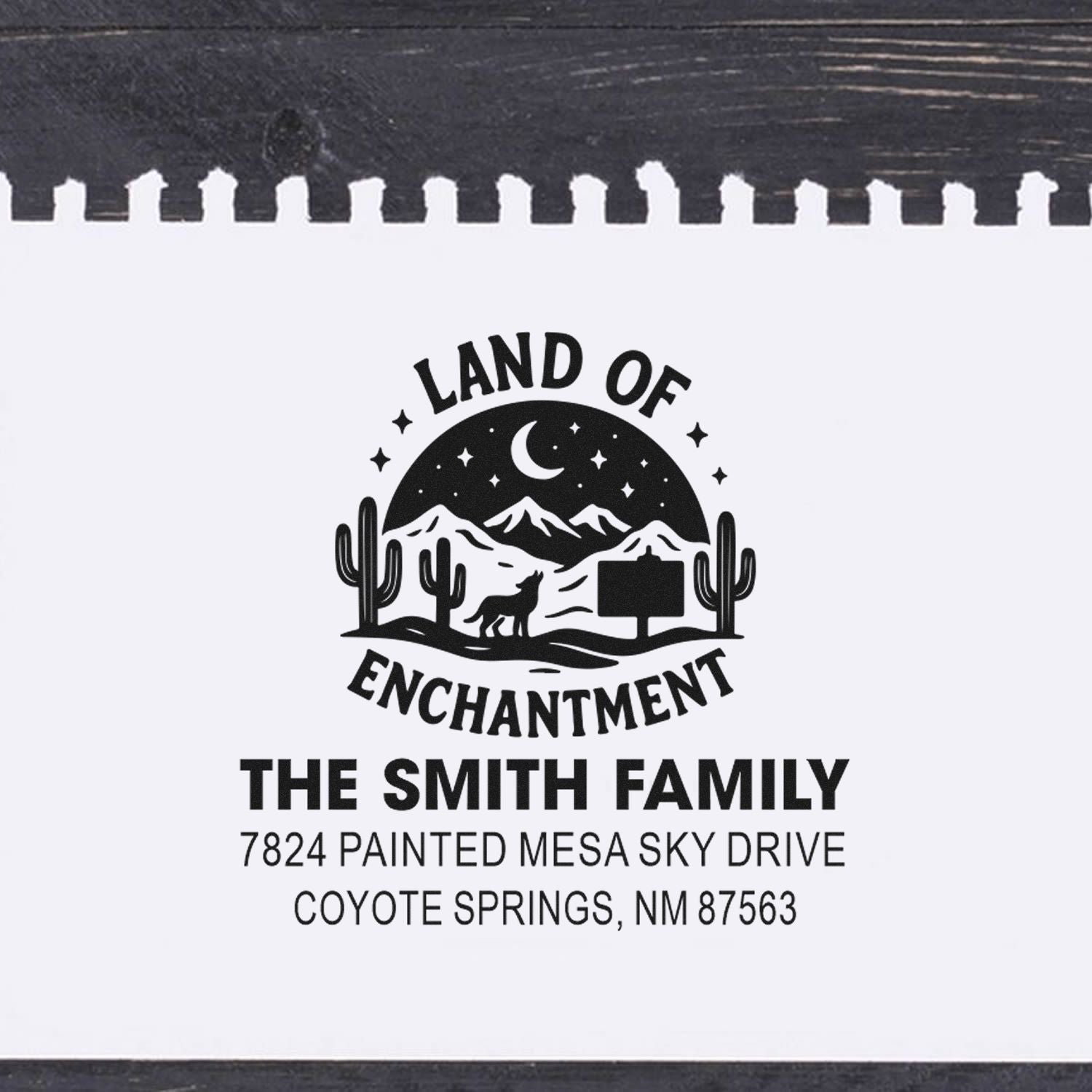 Custom return address rubber stamp for The Smith Family with Land of Enchantment desert logo and Coyote Springs, NM address.