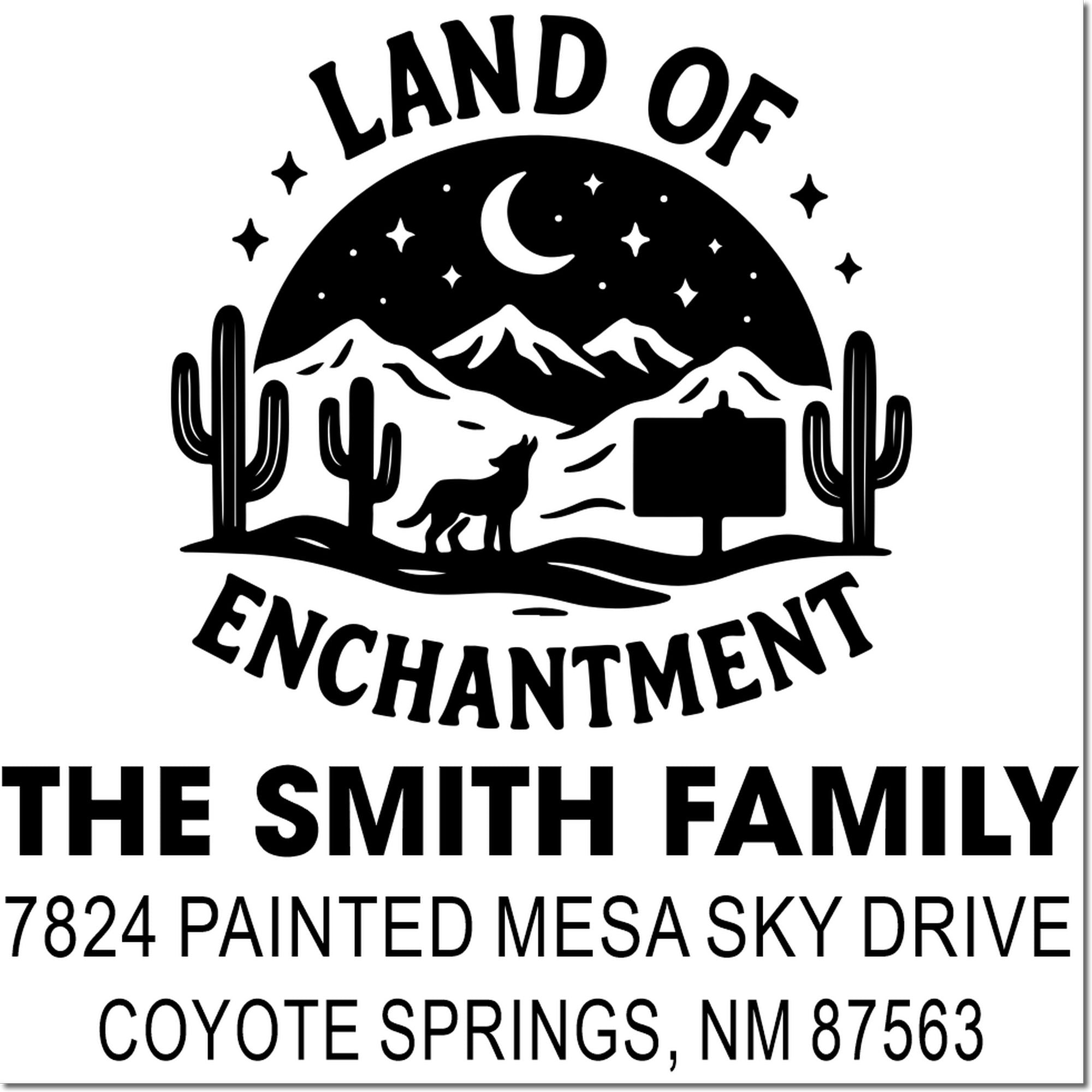 Custom return address rubber stamp with Land of Enchantment desert design for The Smith Family, Coyote Springs, NM.