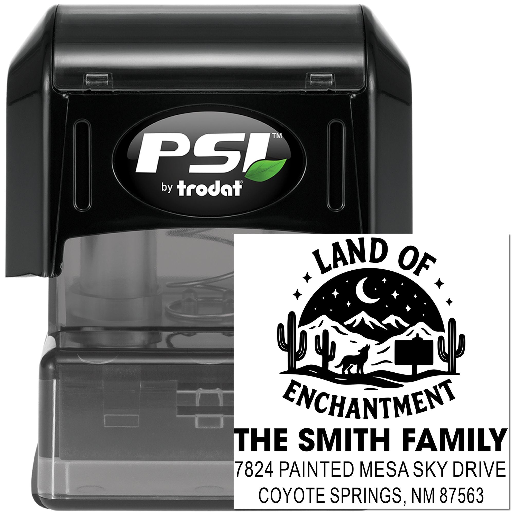 Custom PSI by Trodat return address rubber stamp with Land of Enchantment design for The Smith Family, Coyote Springs, NM.