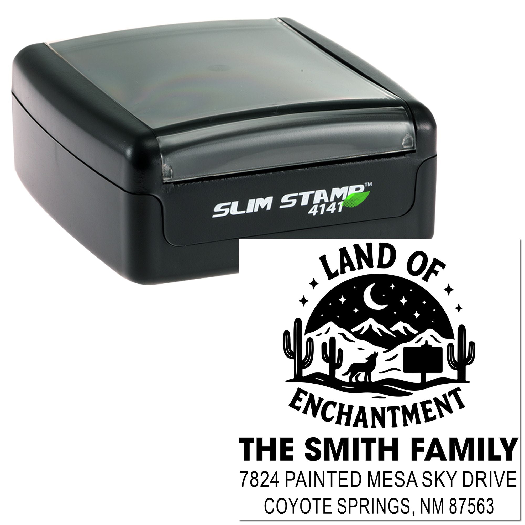 Slim Stamp 4141 self-inking custom address rubber stamp with Land of Enchantment family name and New Mexico return address design.