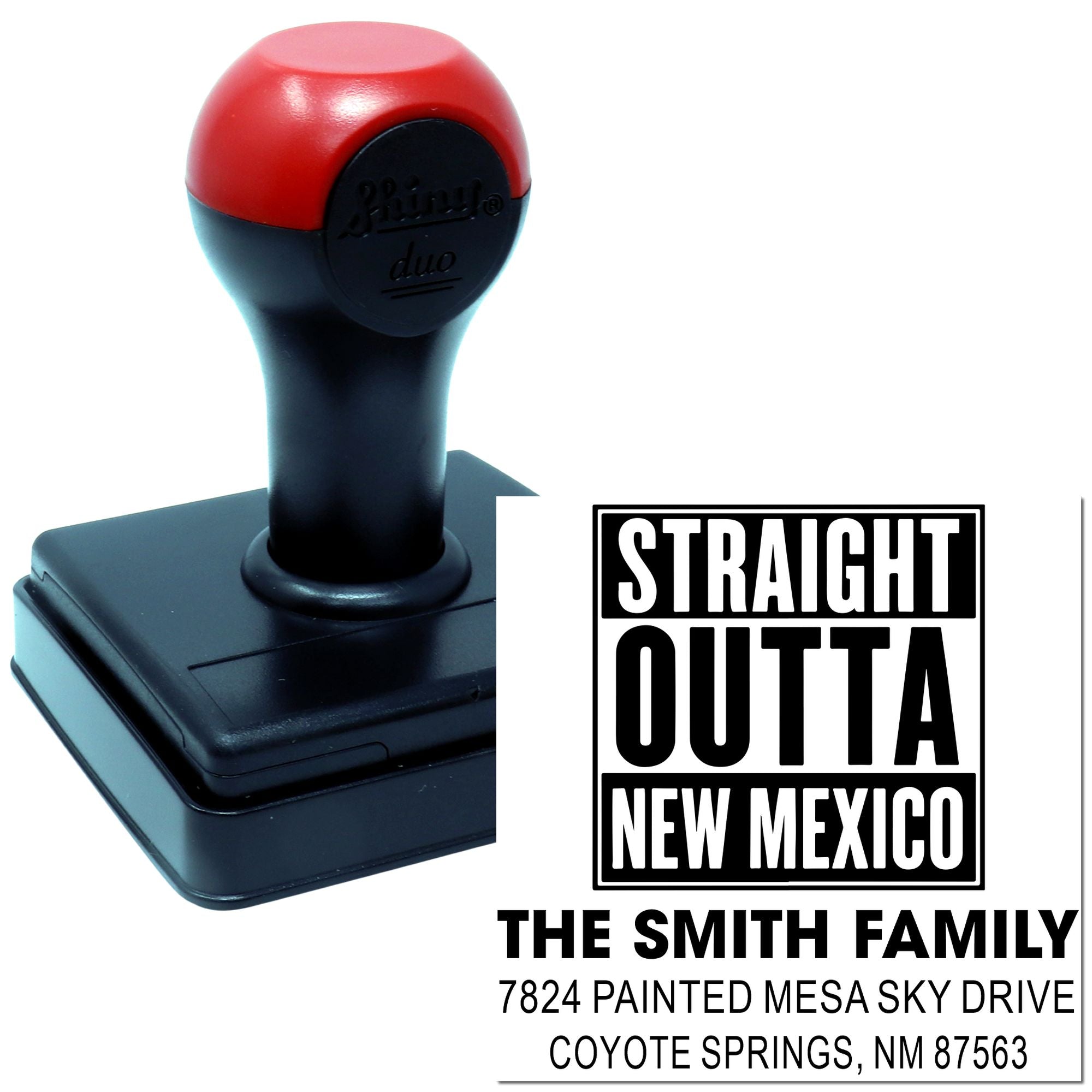 Custom rubber return address stamp for The Smith Family with Straight Outta New Mexico design and Coyote Springs, NM address.