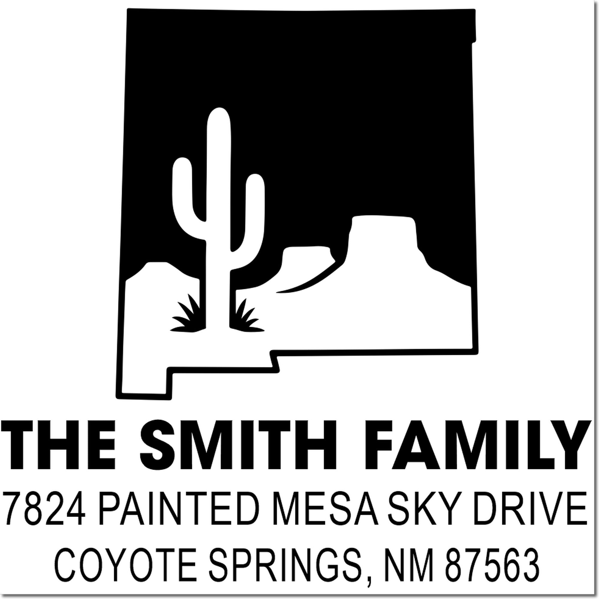 Custom New Mexico return address rubber stamp for The Smith Family, 7824 Painted Mesa Sky Drive, Coyote Springs, NM.