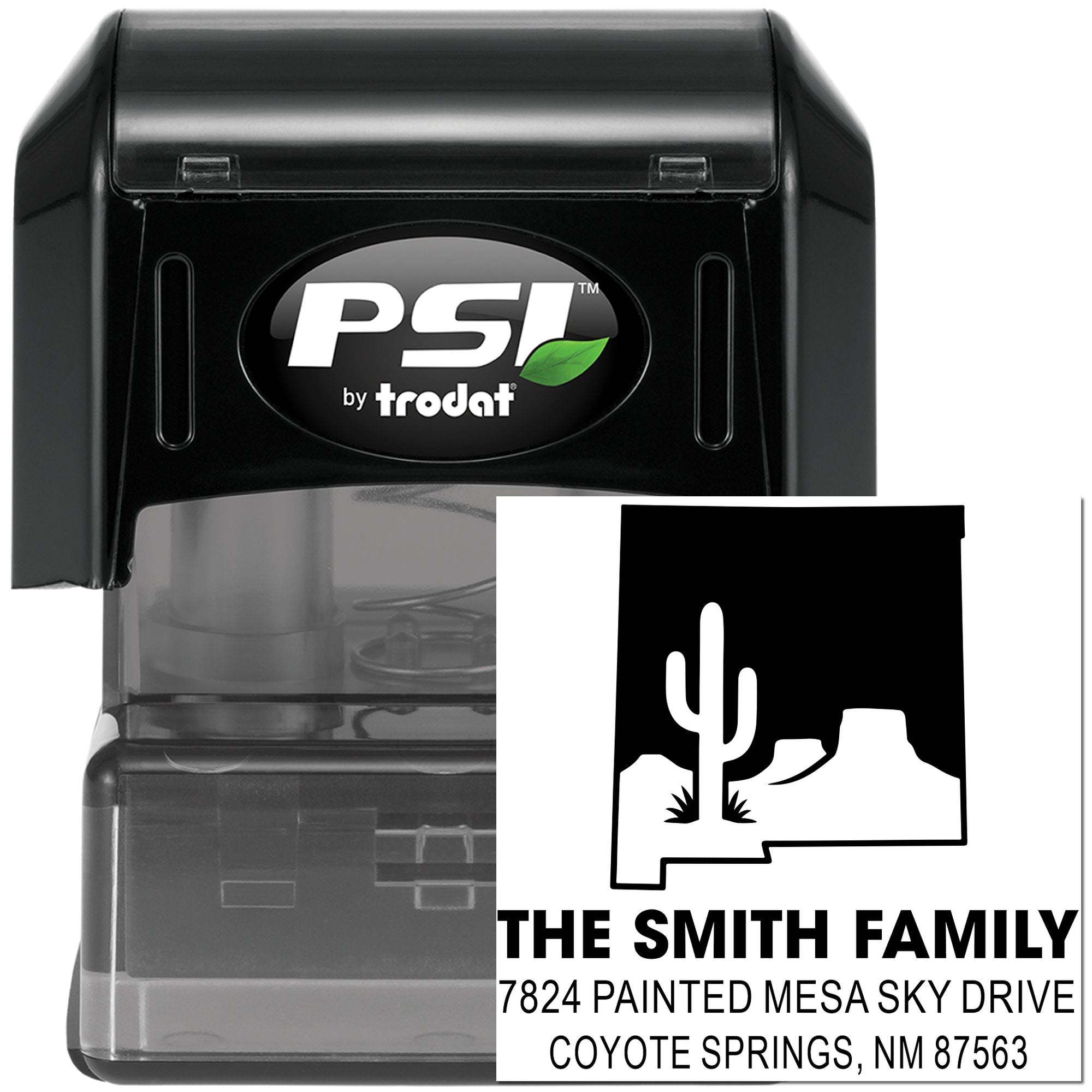 Custom self-inking address stamp for The Smith Family with desert cactus design, PSI by Trodat rubber stamp.