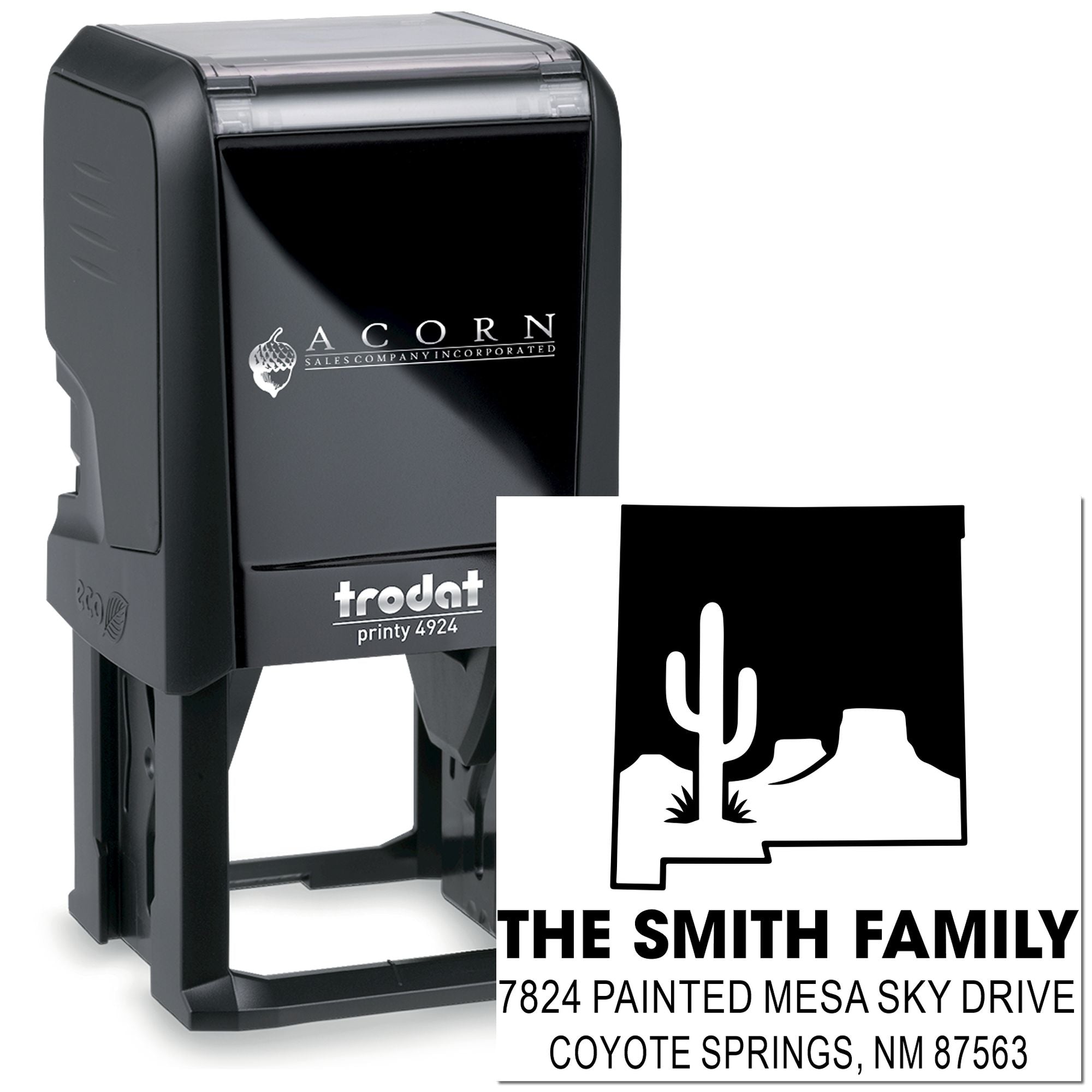 Custom self-inking rubber address stamp with desert icon for The Smith Family mailing labels