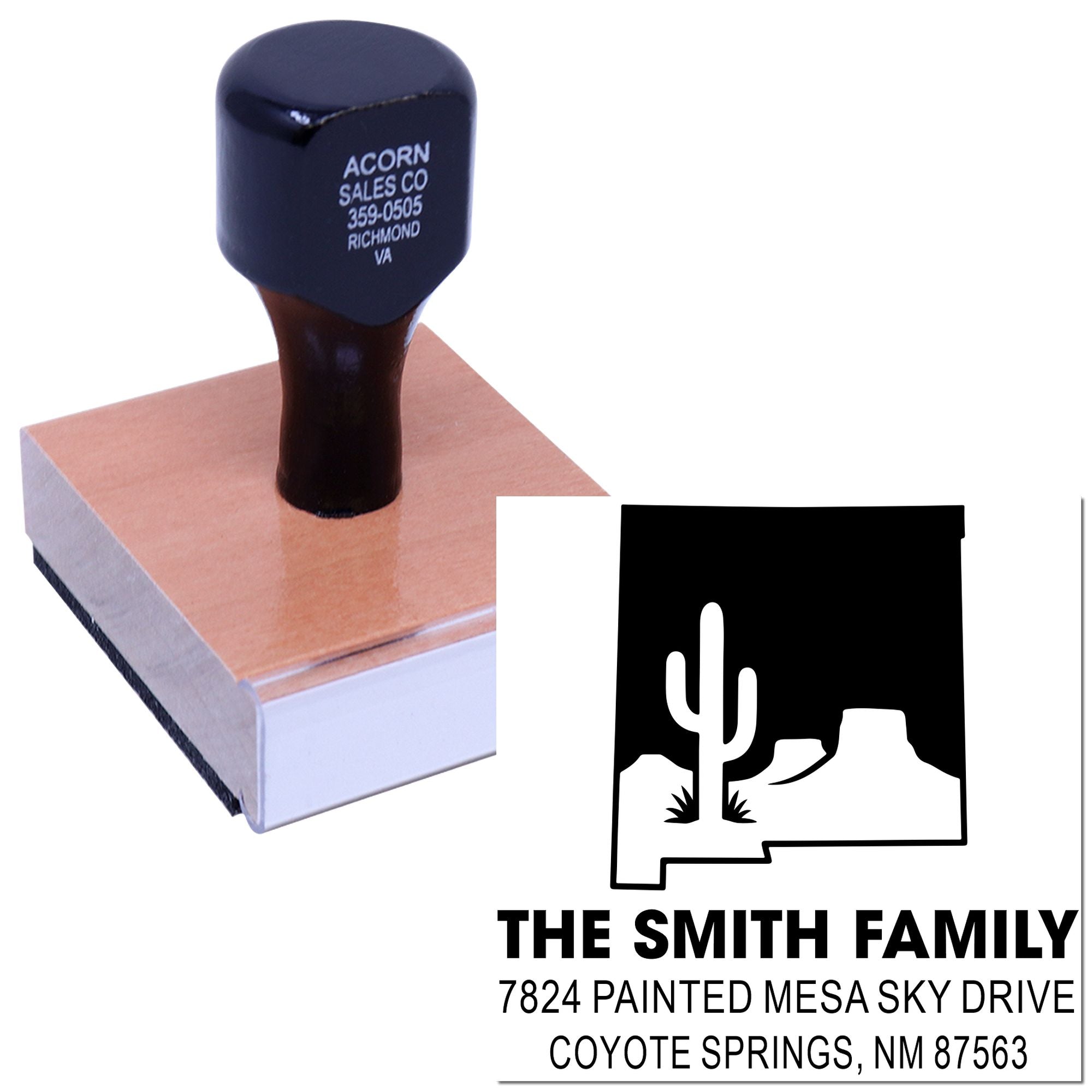 Custom rubber address stamp with desert landscape design and The Smith Family return address imprint for personalized mailings