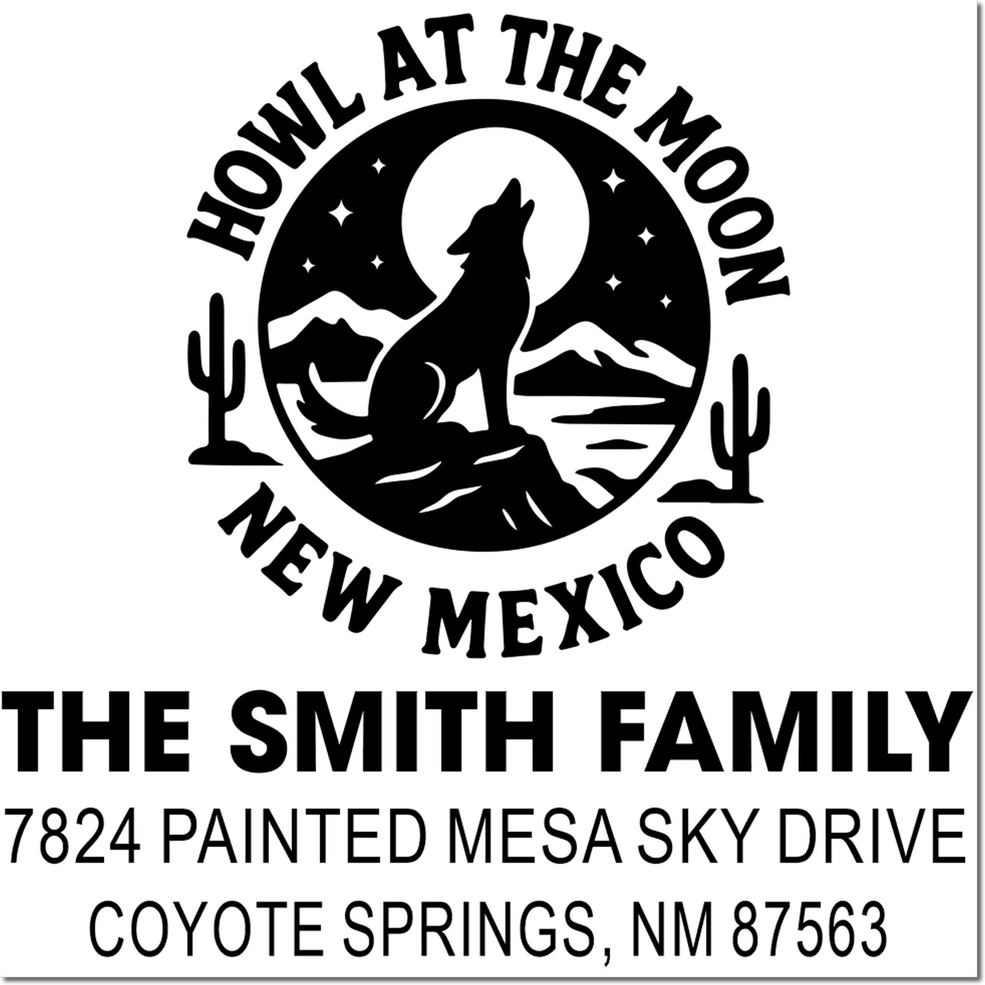 Custom return address rubber stamp with wolf design for The Smith Family, Coyote Springs, NM.