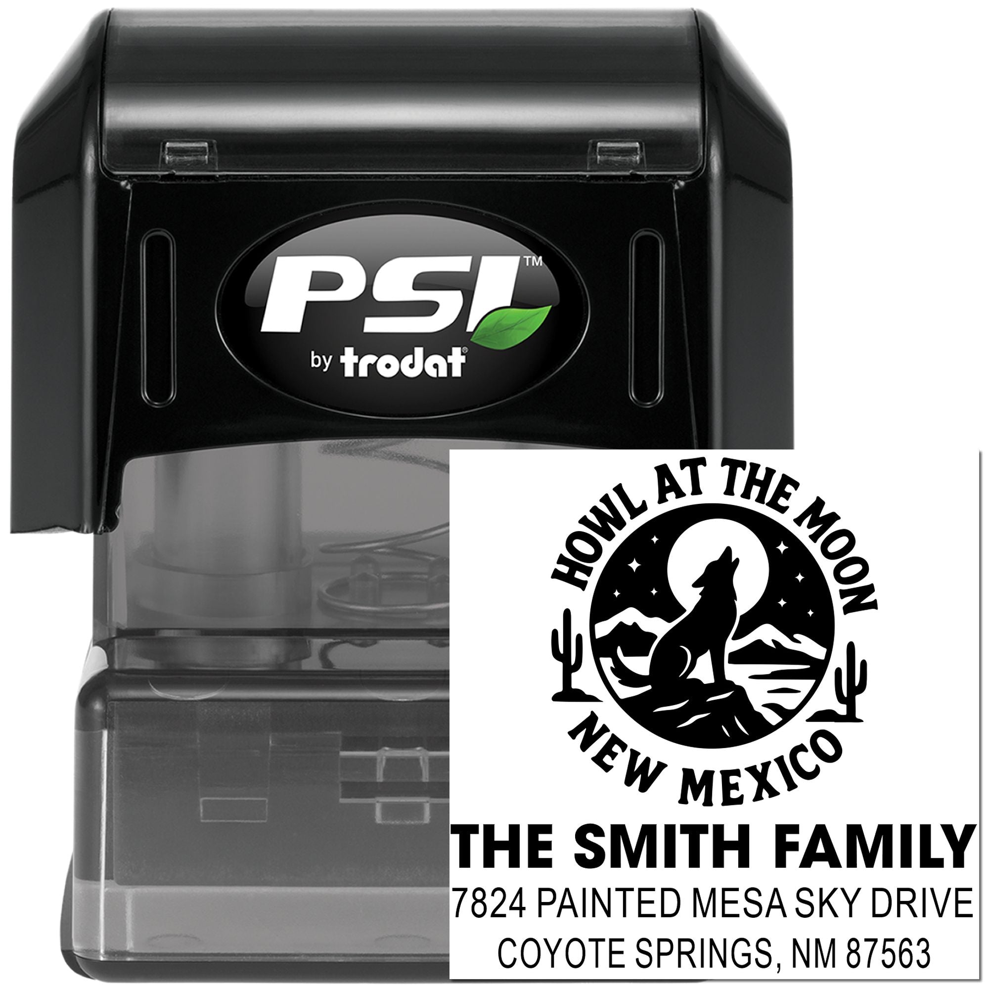 Custom self-inking rubber stamp with wolf howling at moon design for The Smith Family return address in New Mexico.
