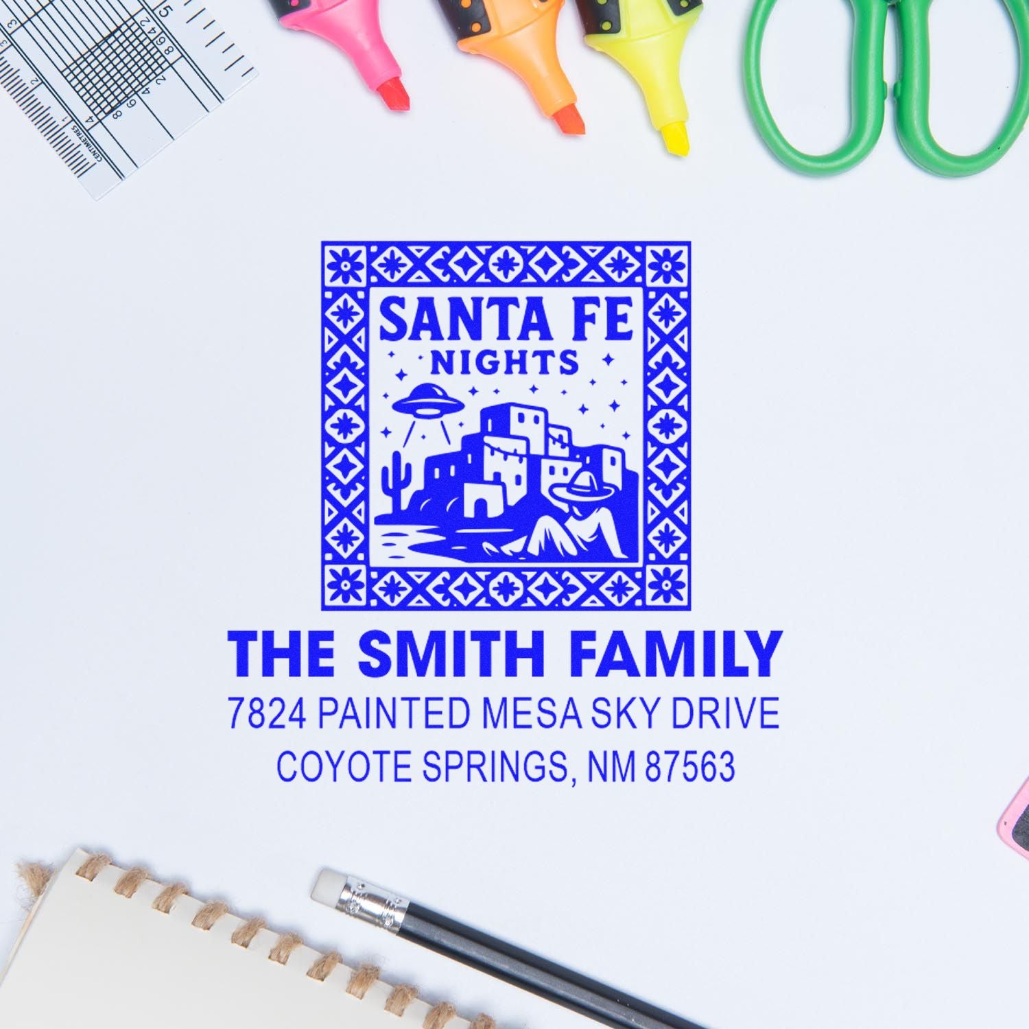 Custom rubber return address stamp for The Smith Family, featuring a Santa Fe Nights design and Coyote Springs, NM address.