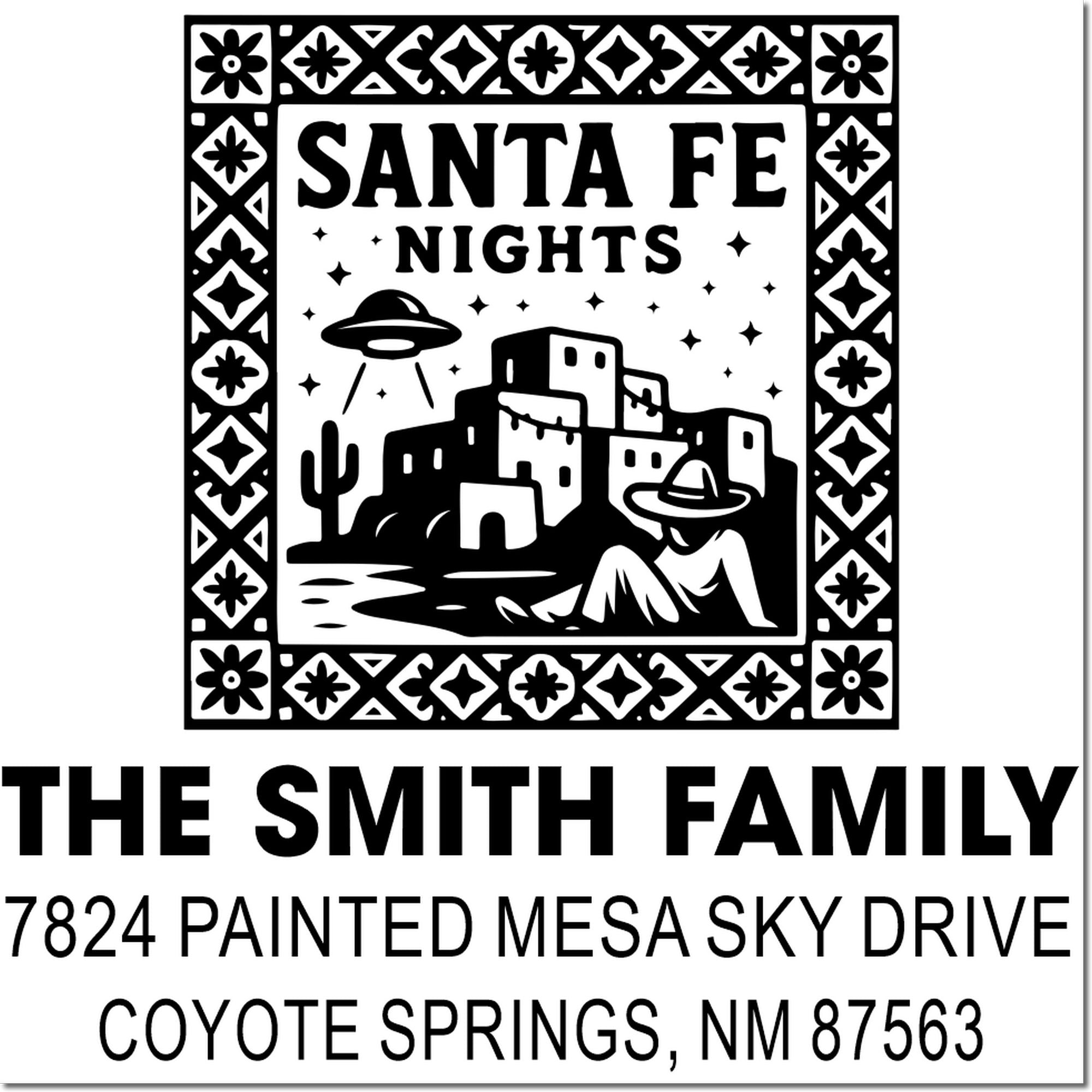 Custom address rubber stamp for The Smith Family, Santa Fe Nights design, Coyote Springs, NM.