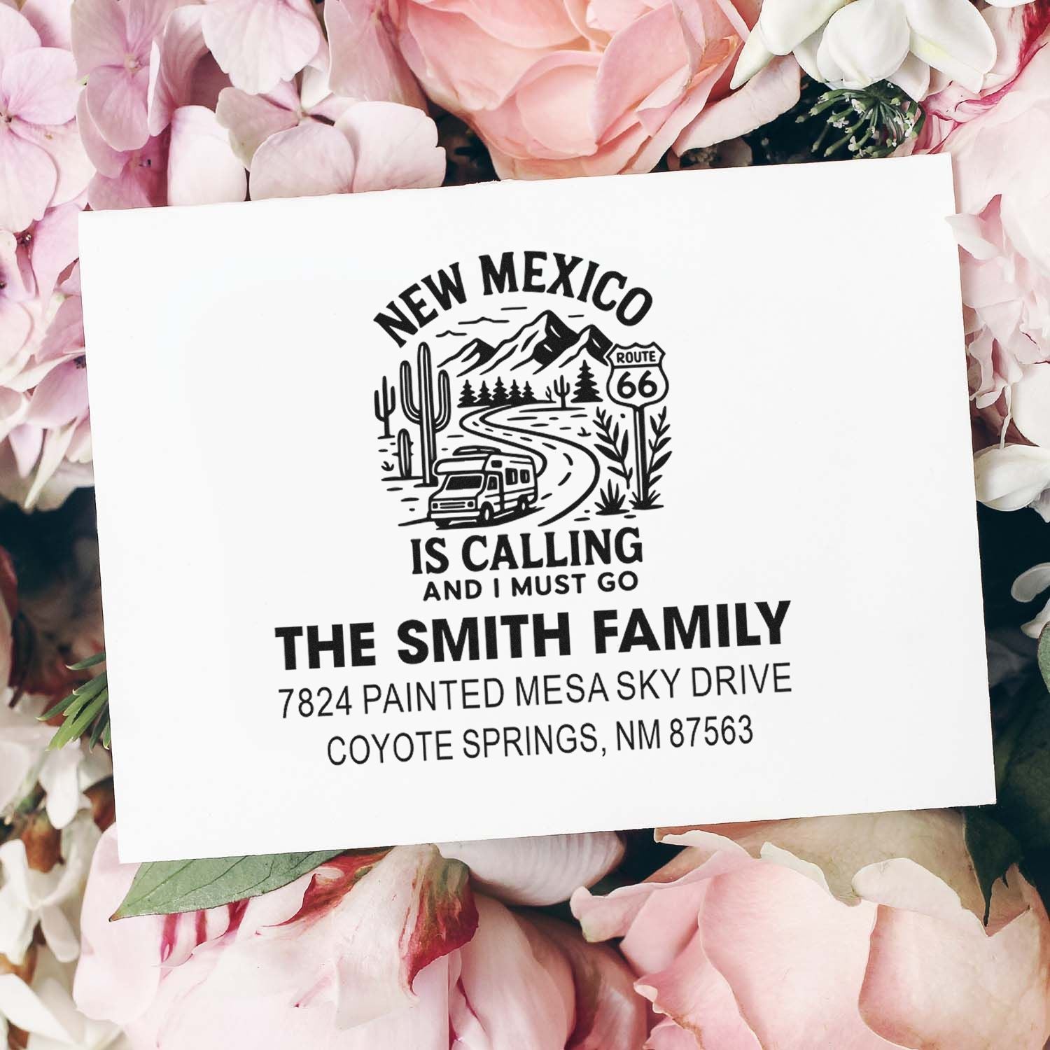 Custom New Mexico Route 66 return address rubber stamp with family name for travel-themed mailing and stationery.