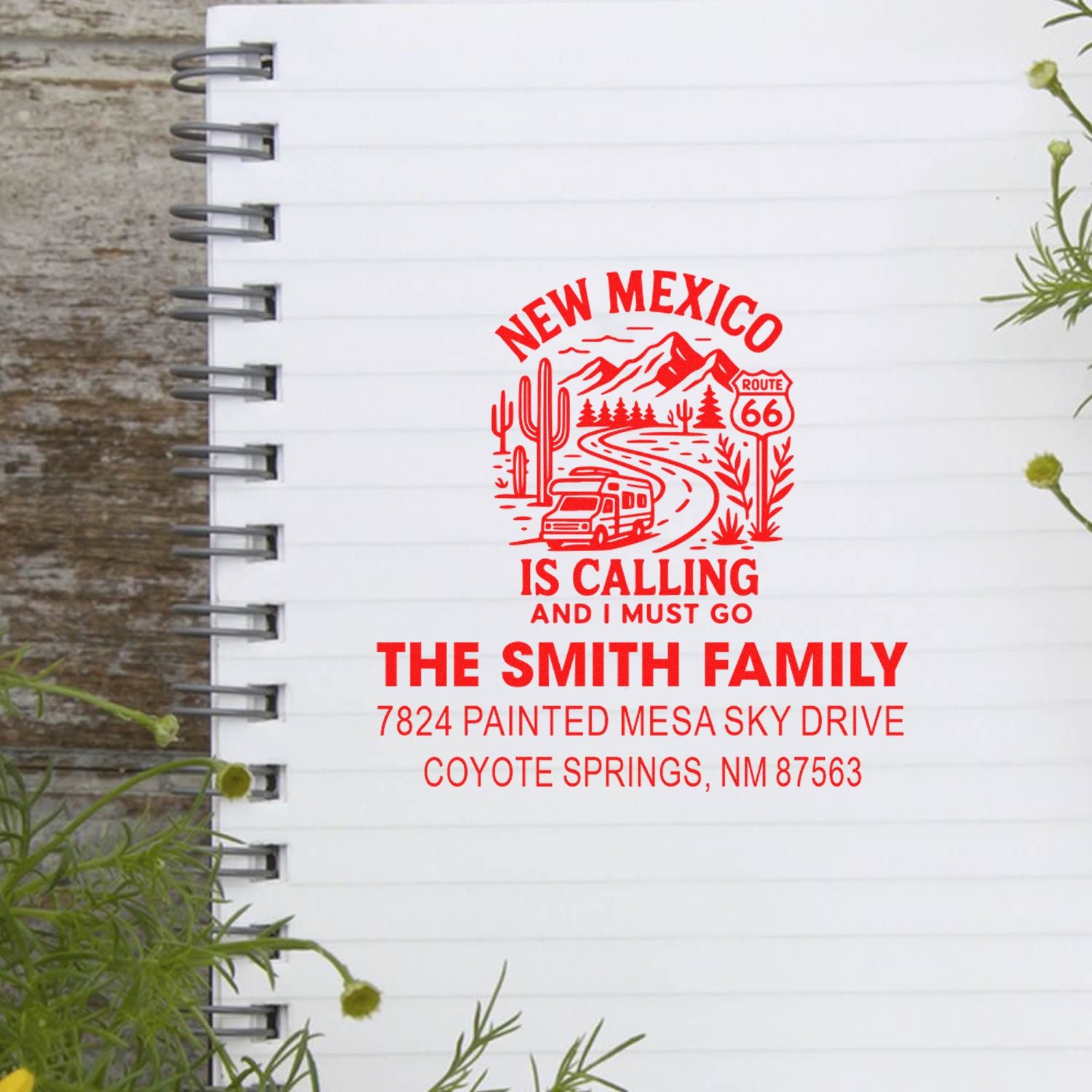 Custom New Mexico Route 66 rubber address stamp for The Smith Family with a desert road-trip design.