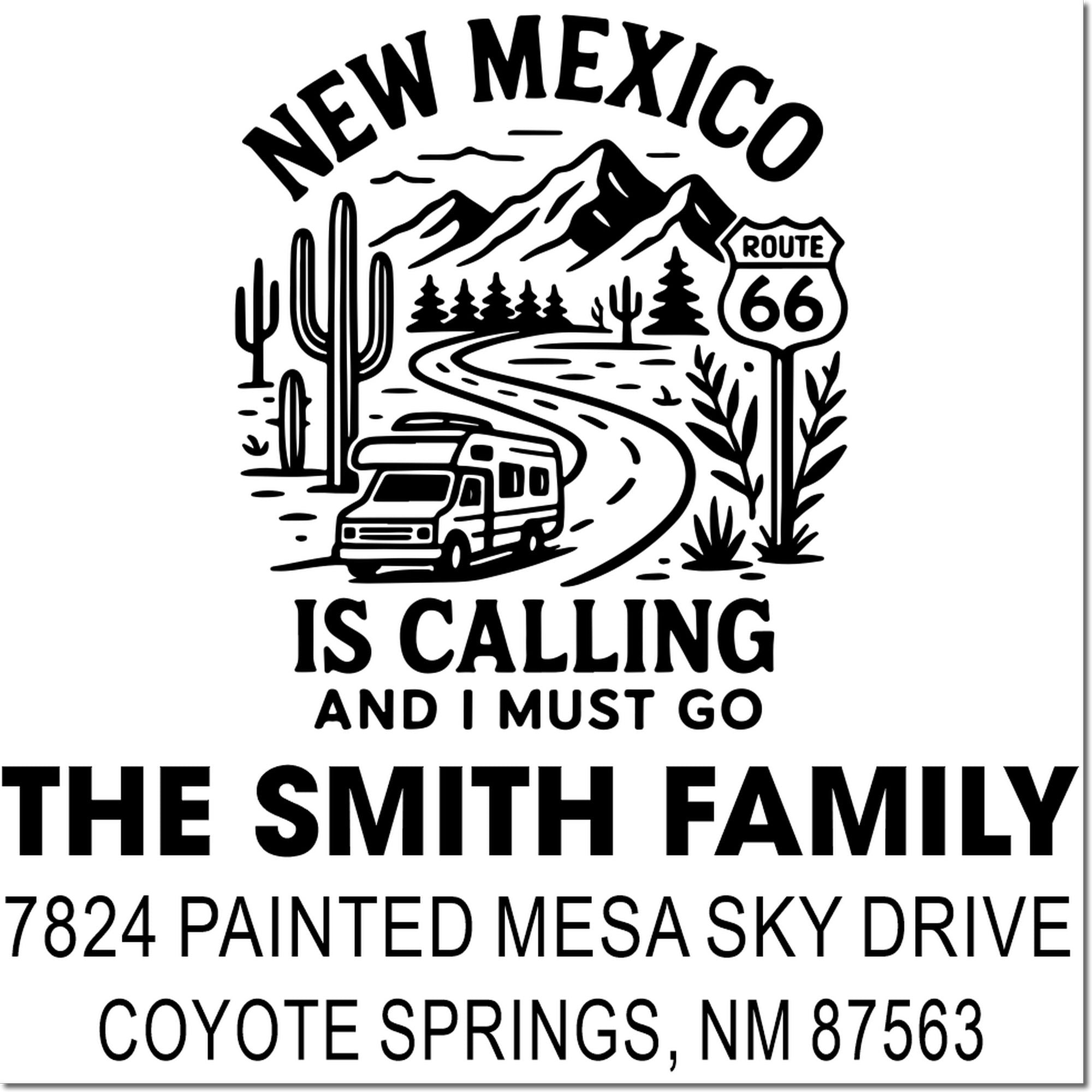 New Mexico is calling and I must go Route 66 RV custom rubber stamp with desert scene and personalized family address