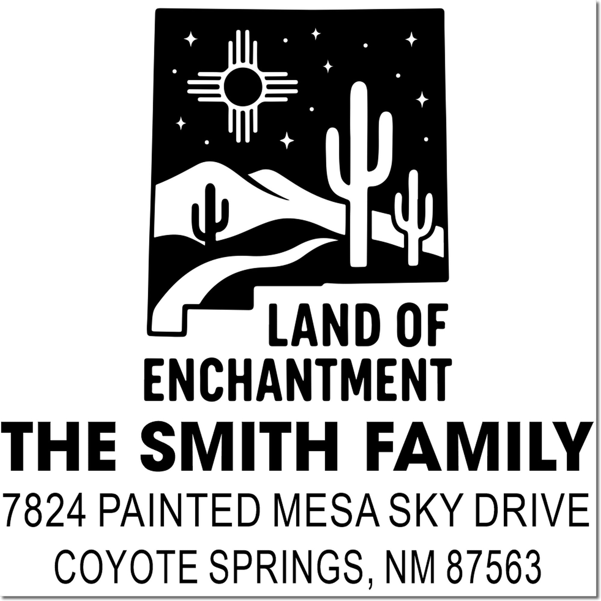 Custom return address rubber stamp with Land of Enchantment desert design for The Smith Family, Coyote Springs, NM.