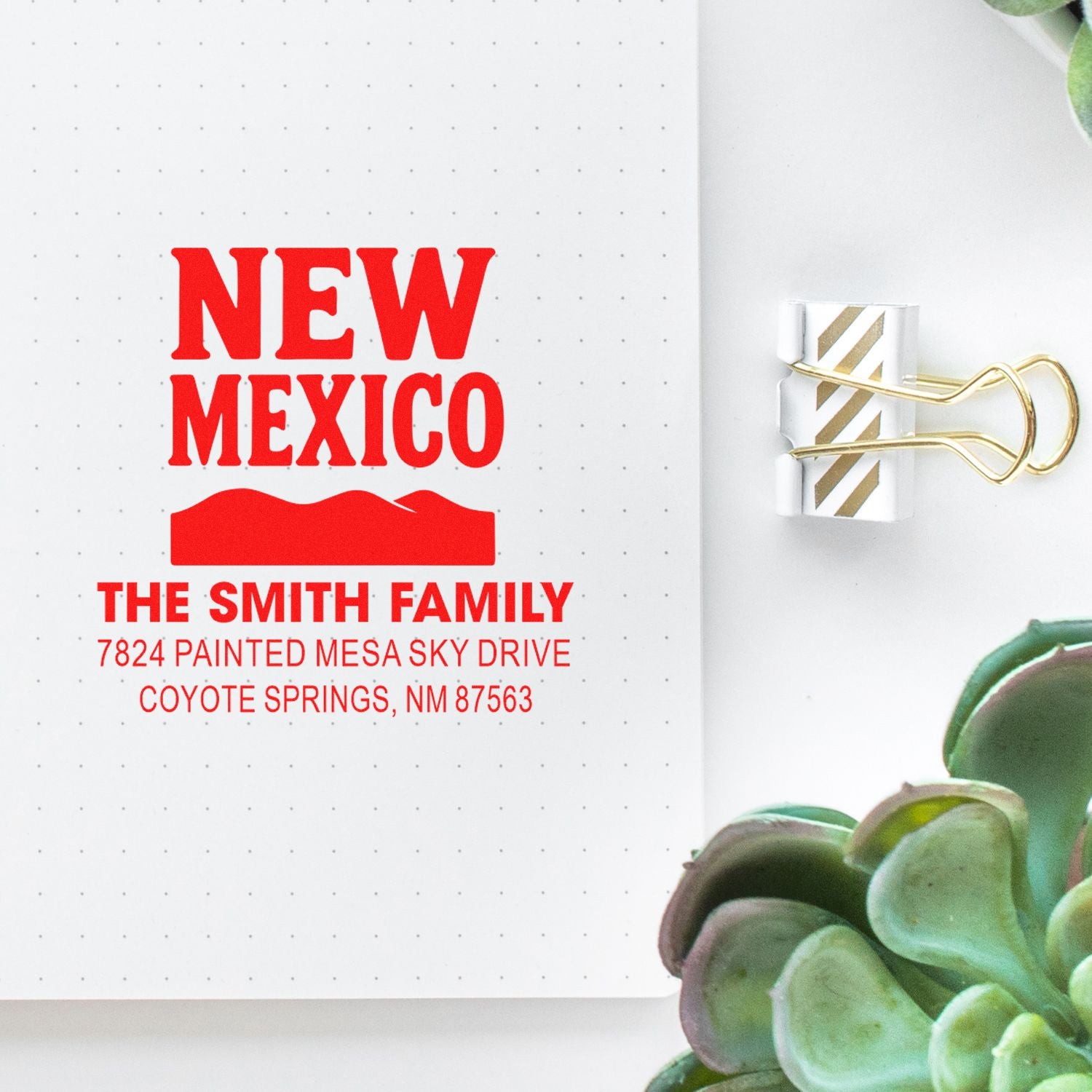Custom New Mexico return address rubber stamp for The Smith Family, showing bold red New Mexico and mailing details.