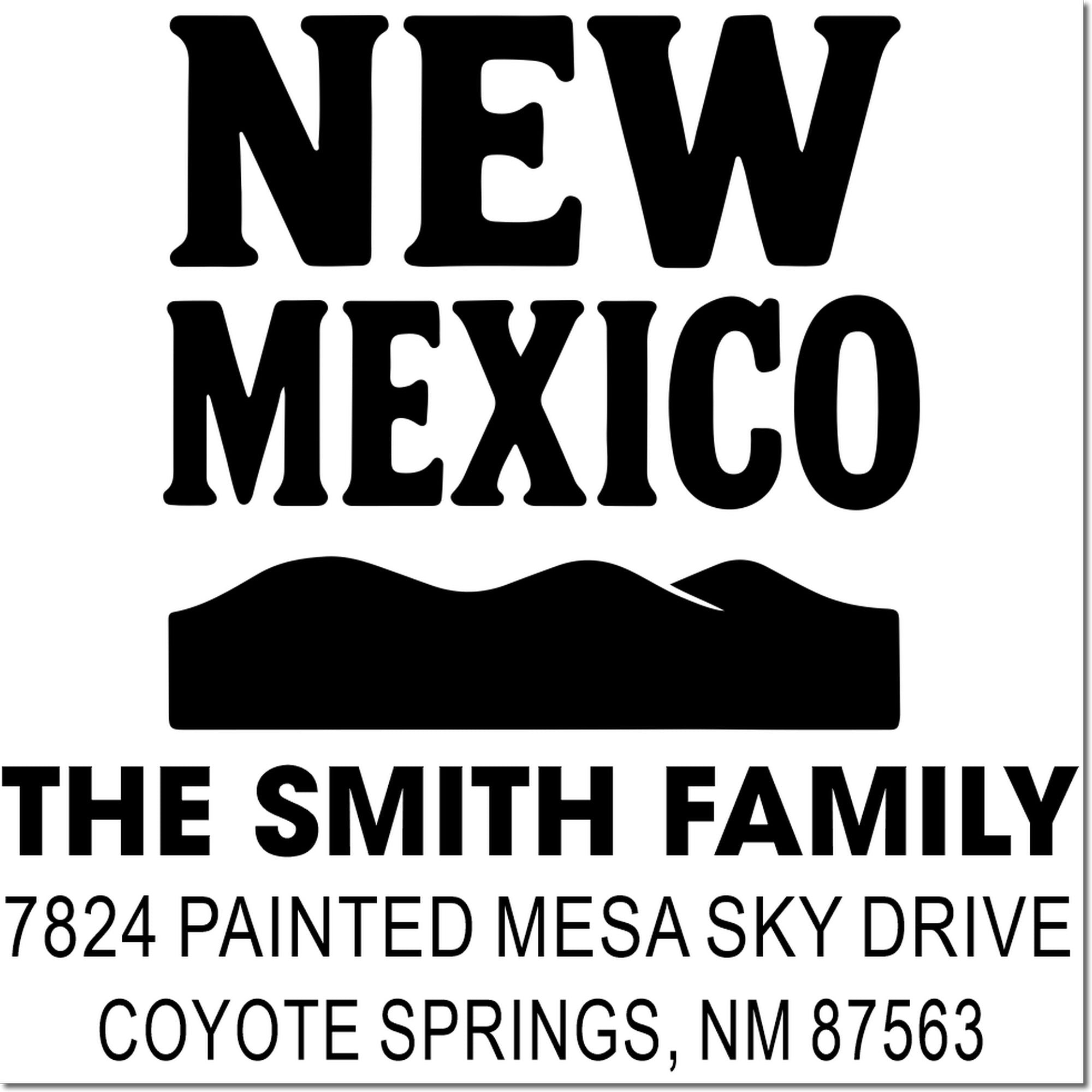 Custom New Mexico return address rubber stamp for The Smith Family, Coyote Springs, NM 87563, with house icon.