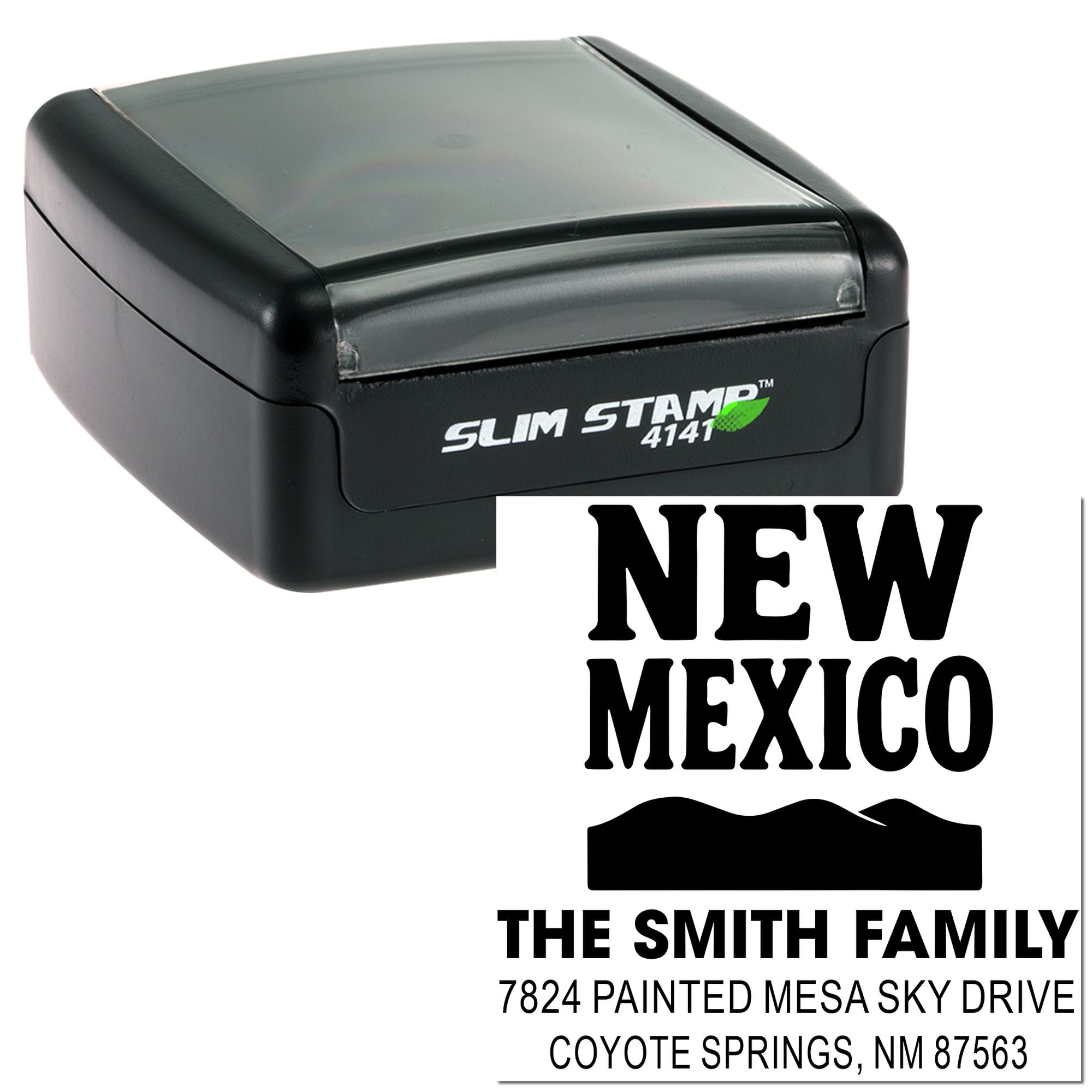 Custom New Mexico return address rubber stamp, Slim Stamp 4141, for The Smith Family with name and mailing address design.