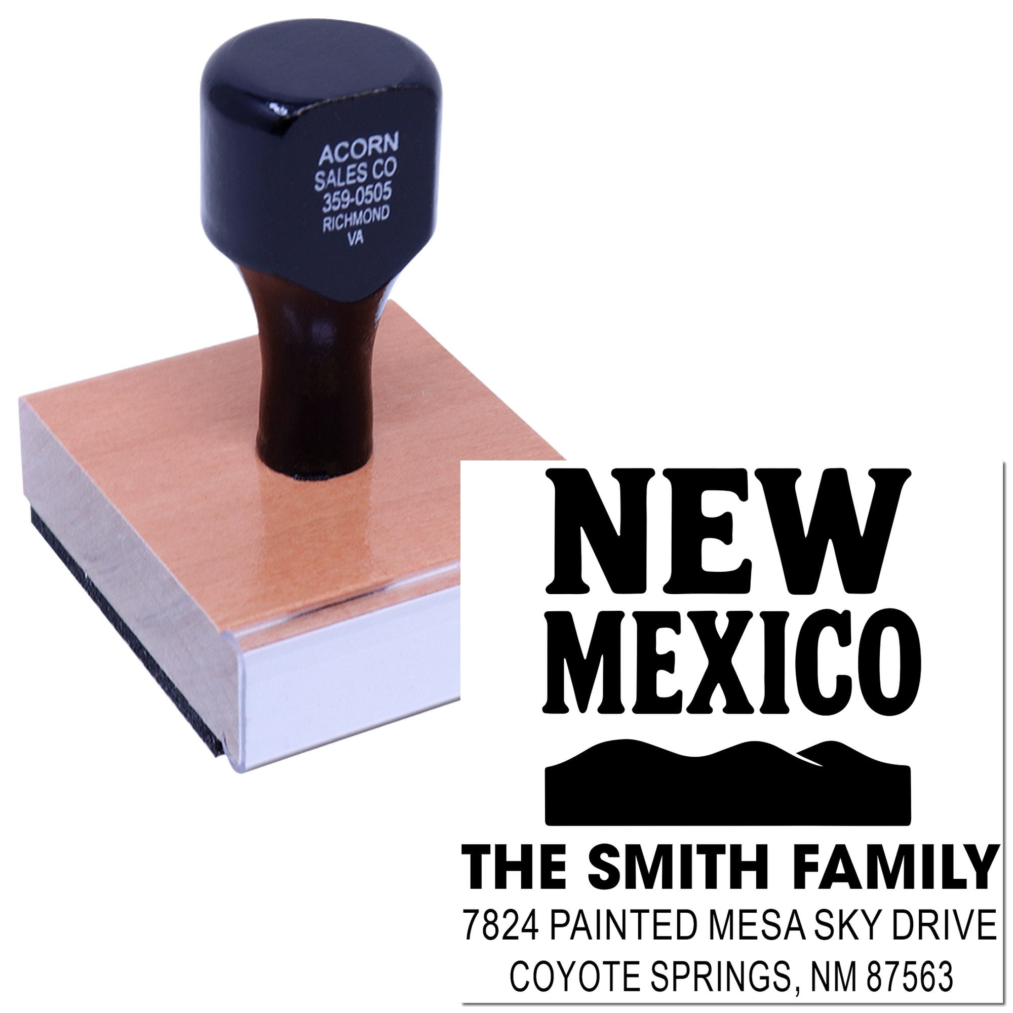 Custom rubber address stamp for The Smith Family, Coyote Springs, NM 87563, perfect for mailing and packaging.