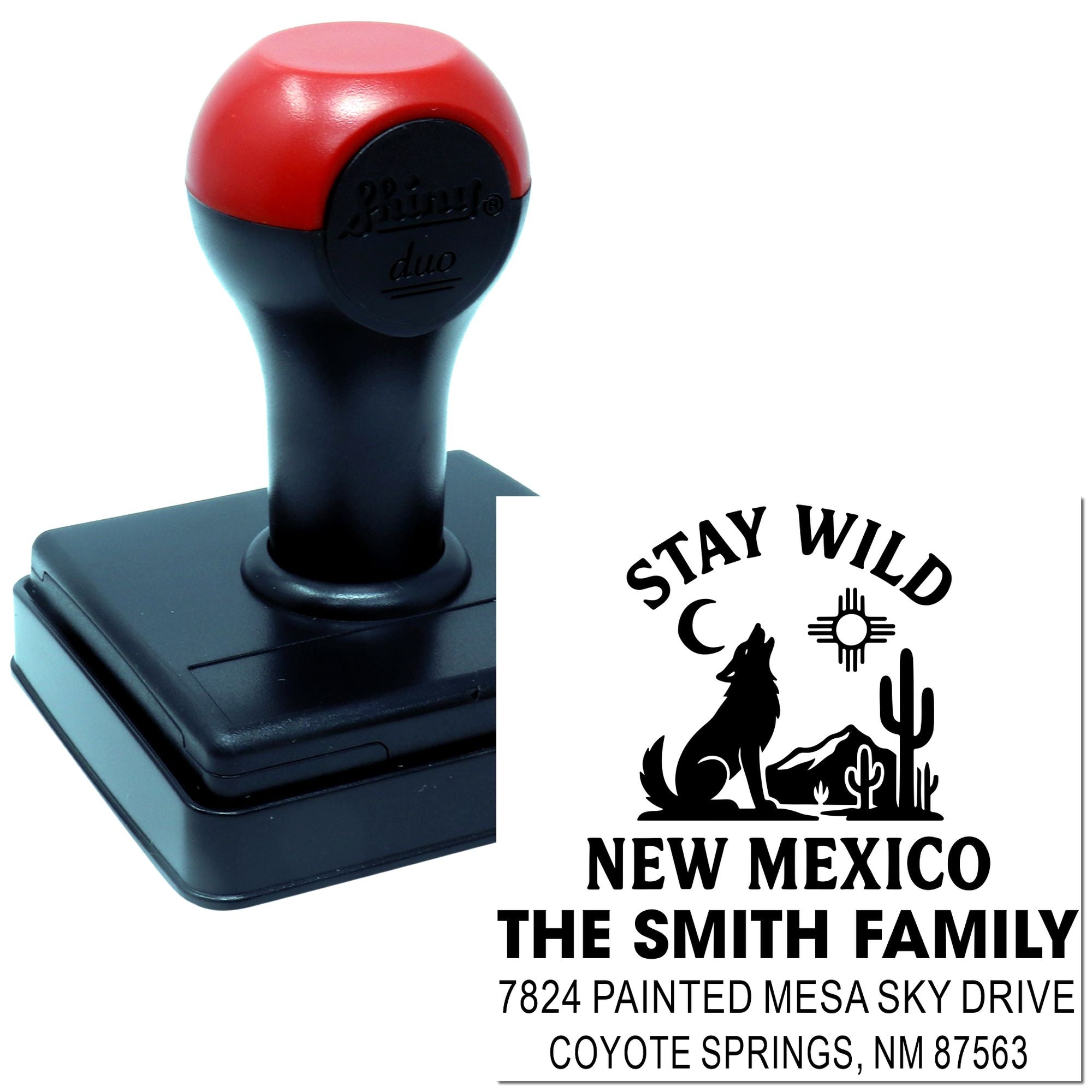 Custom self-inking rubber address stamp with Stay Wild New Mexico family design, wolf and cactus graphic for mailing labels.