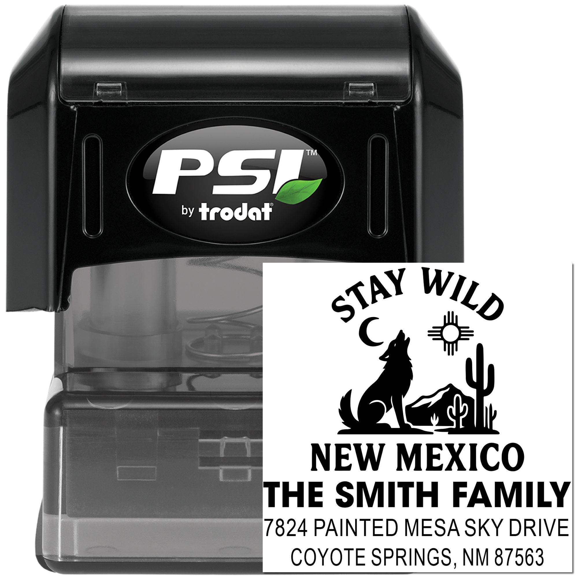 PSI by Trodat custom self-inking rubber stamp with Stay Wild New Mexico family address design and coyote motif