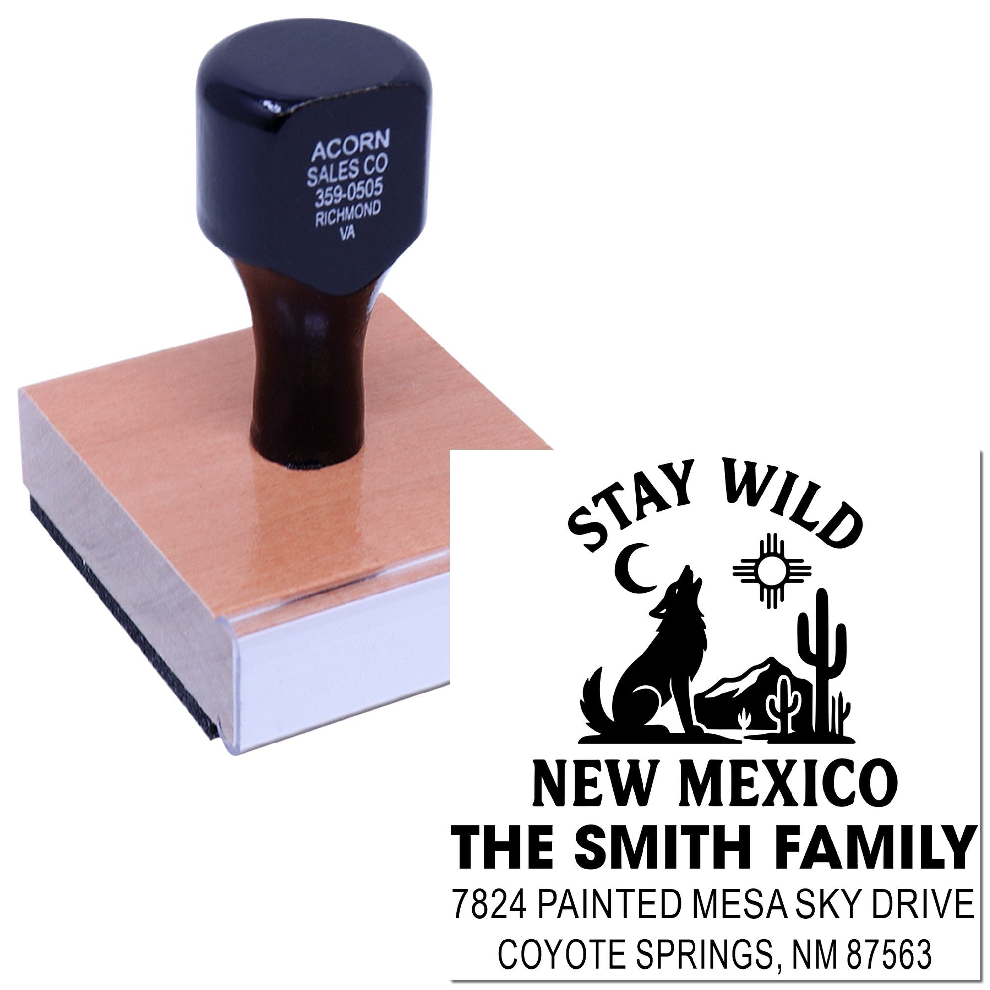 Custom rubber address stamp with Stay Wild New Mexico design for The Smith Family return mail.