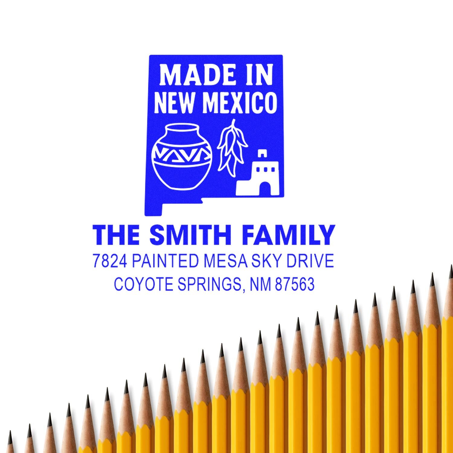 Custom New Mexico return address rubber stamp for The Smith Family, featuring address in Coyote Springs, NM.