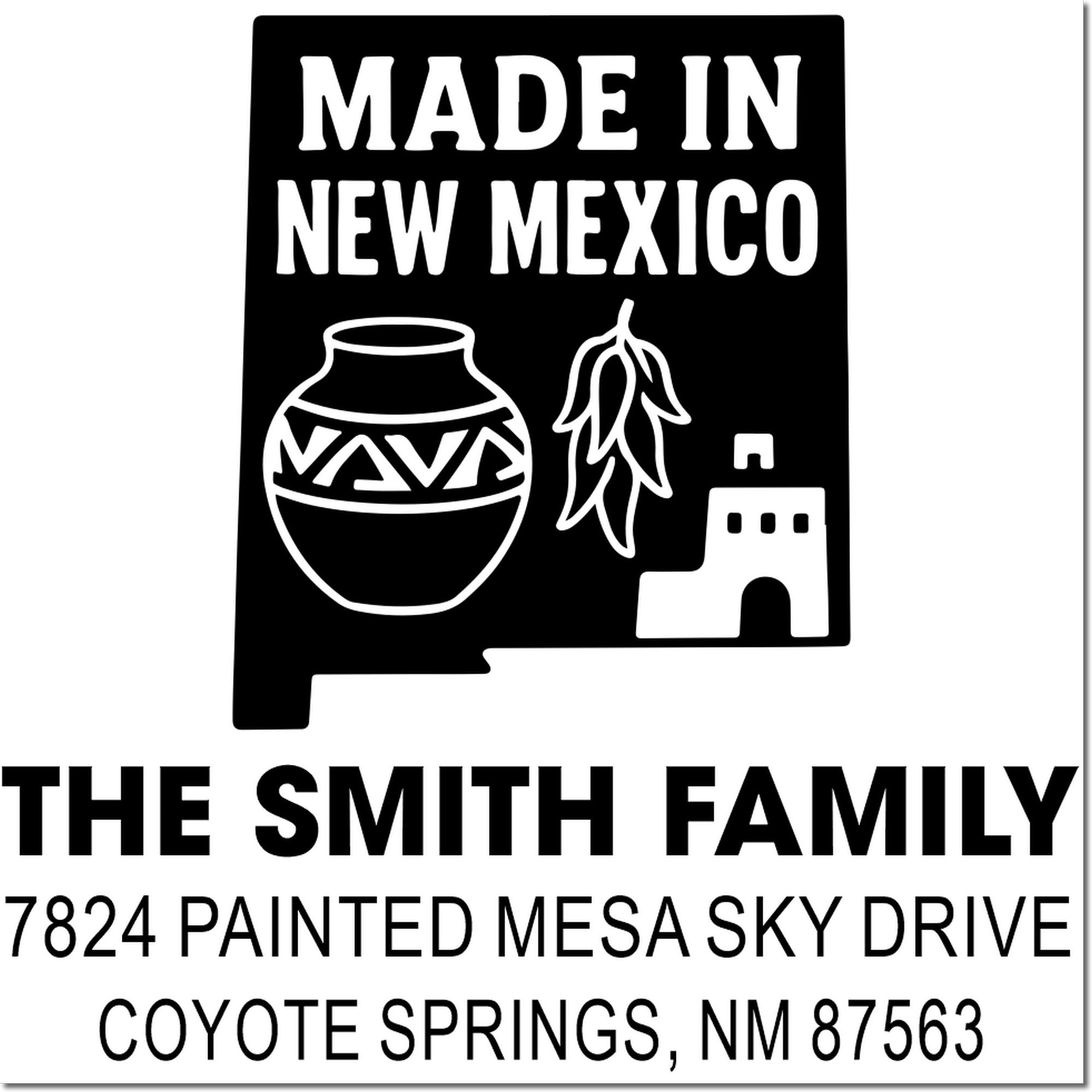 Made in New Mexico custom return address rubber stamp for The Smith Family, with Southwest pottery, chile peppers and pueblo art.