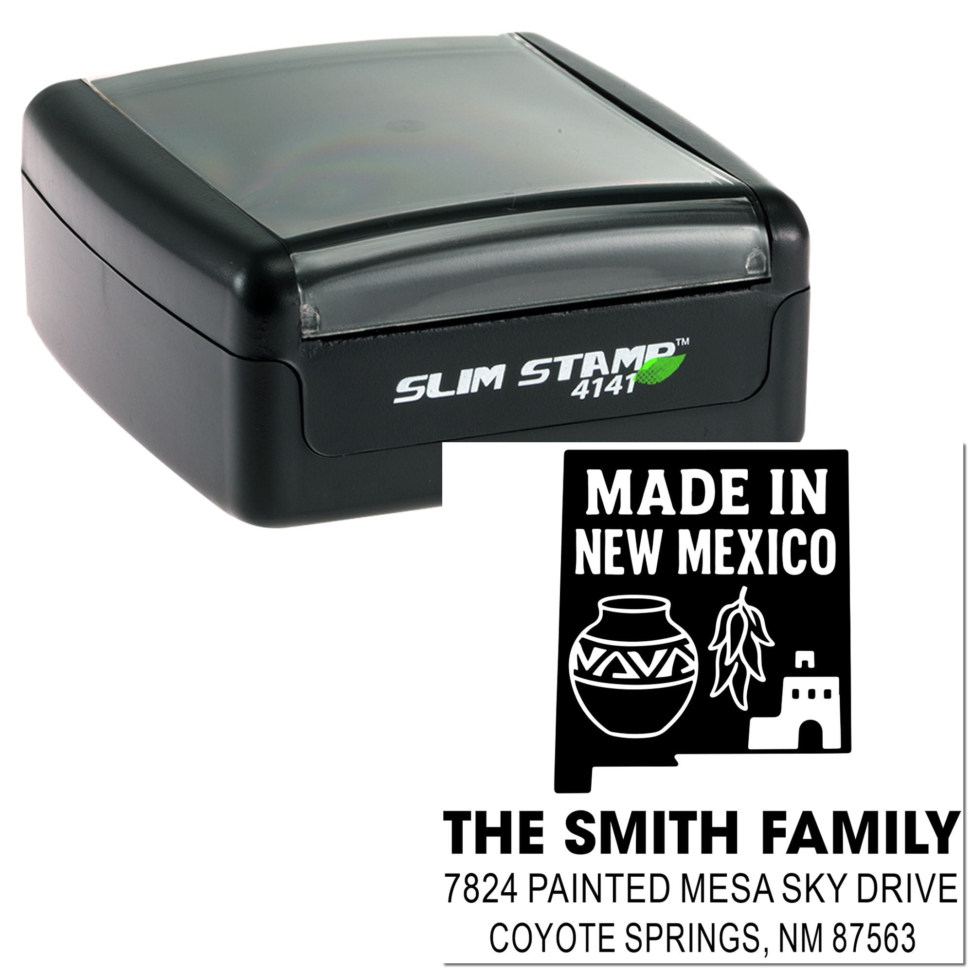 Custom self-inking rubber address stamp with Made in New Mexico design for The Smith Family.