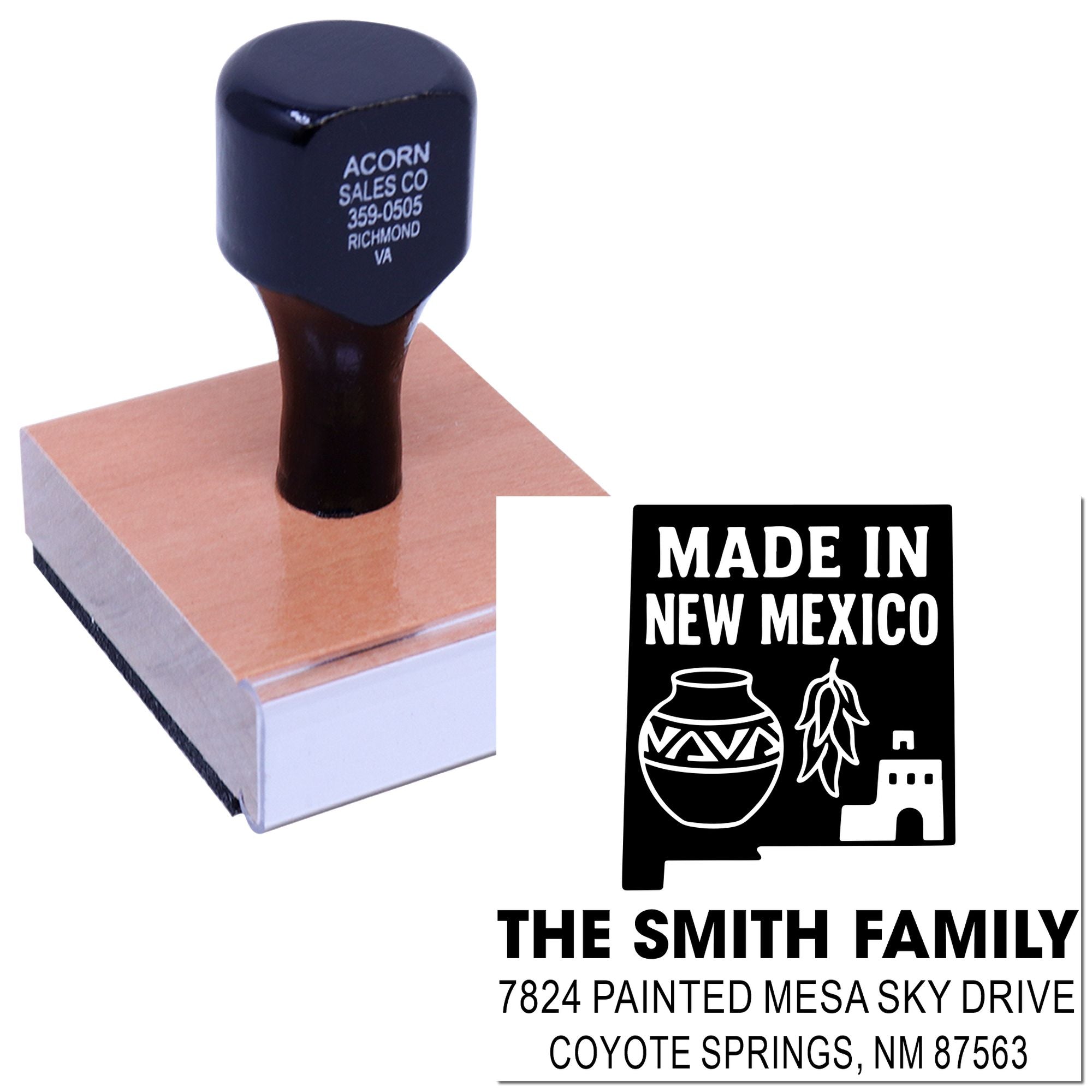 Custom rubber stamp with personalized Made in New Mexico return address design for The Smith Family.