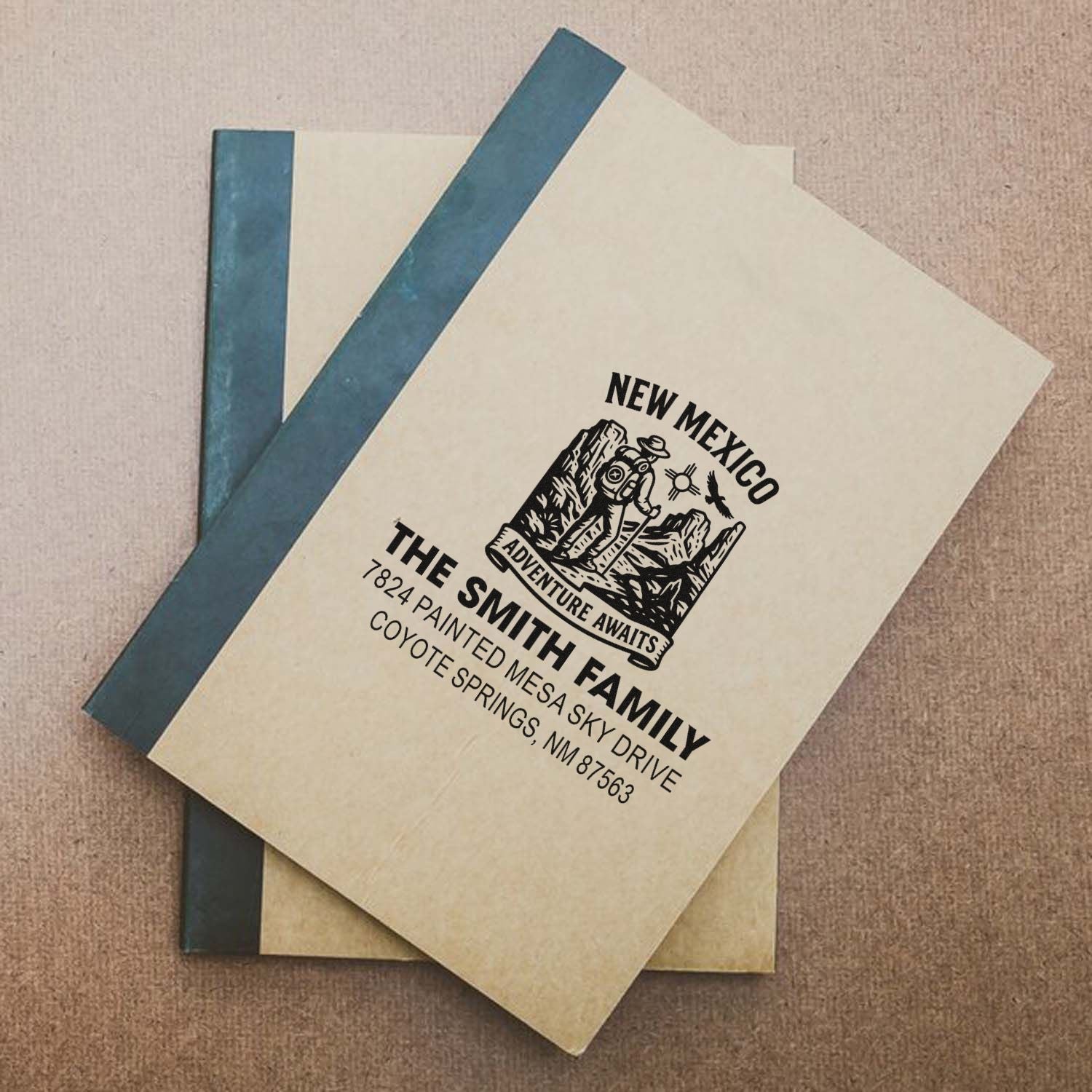 Custom return address rubber stamp with New Mexico adventure design for personalized family stationery