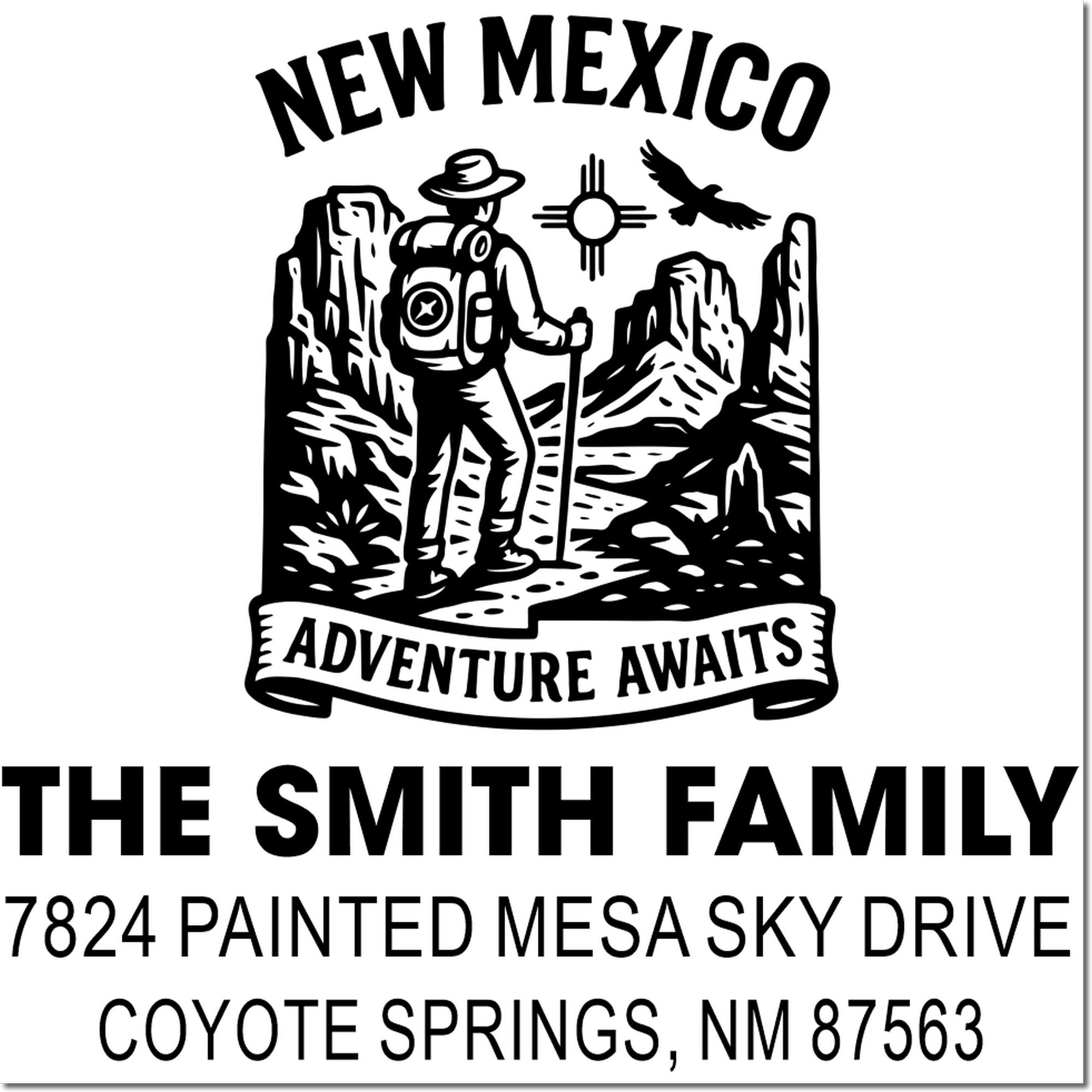 Custom New Mexico return address rubber stamp for The Smith Family, Coyote Springs, NM, with Adventure Awaits hiking design.