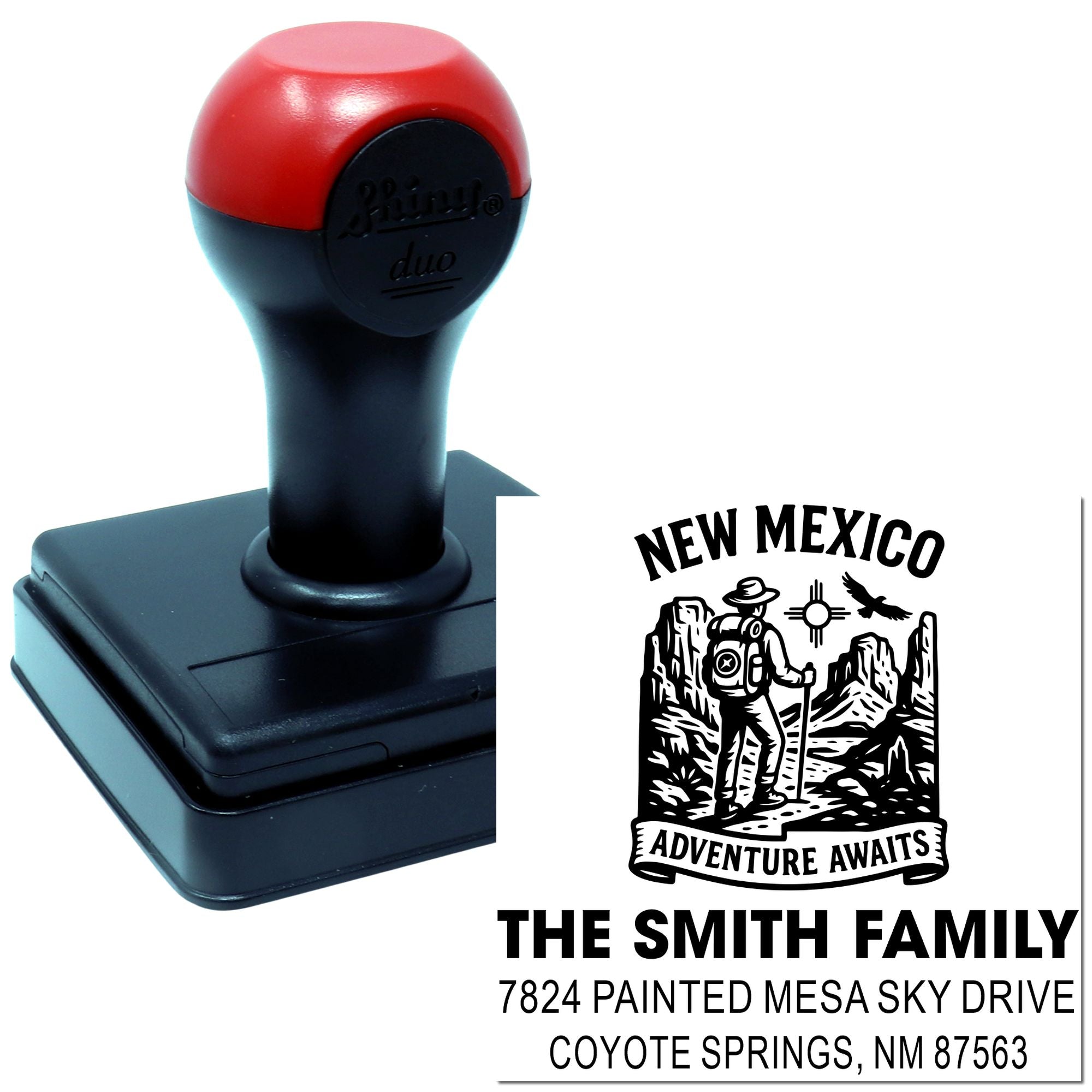Custom self-inking rubber return address stamp with New Mexico adventure family design for personalized mailing.